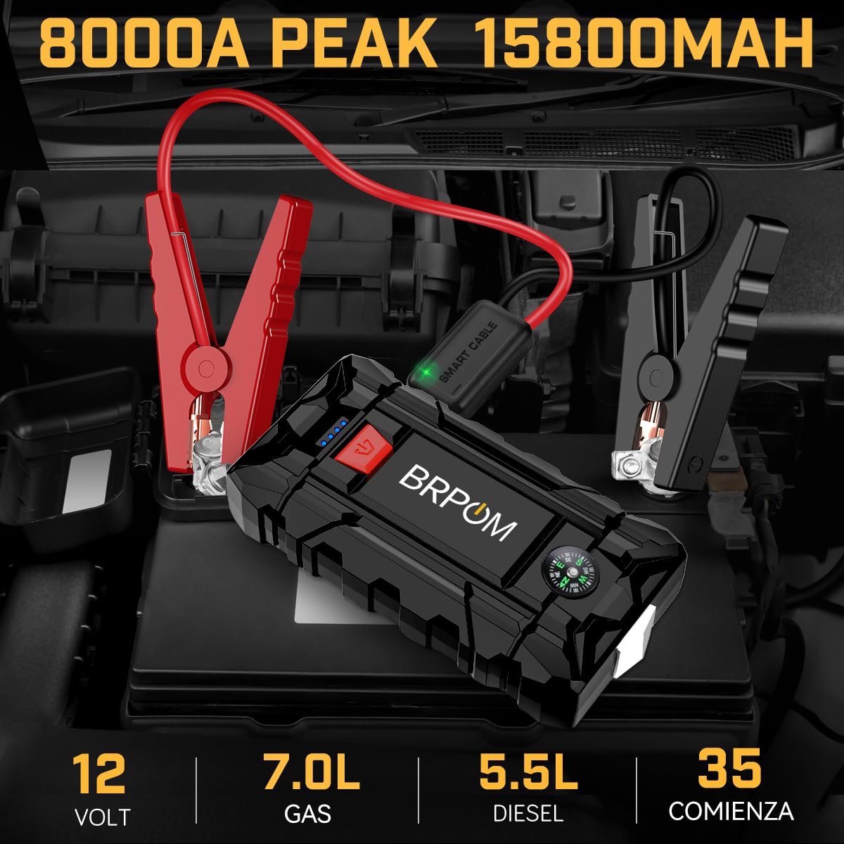 BRPOM Arrancador de Coches 8000A, 12V Arrancador de Baterias de Coche(para 7.0L de Gasolina o 5.5L de Diésel) Jump Starter con Linterna LED de Emergencia, Espera Larga, Carga Rápida