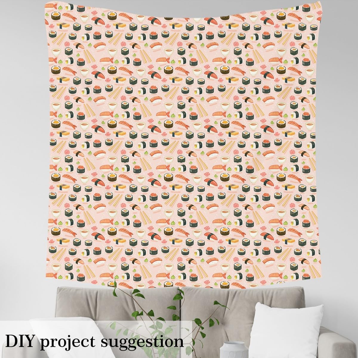 Cute Sushi Fabric by The Yard Japanese Style Watercolor Food Decor Fabric for Kids Teens Adults Watercolor Pink Flowers Girlish Fabric for DIY Upholstery and Home Accents 2 Yards,72" L x 59" W