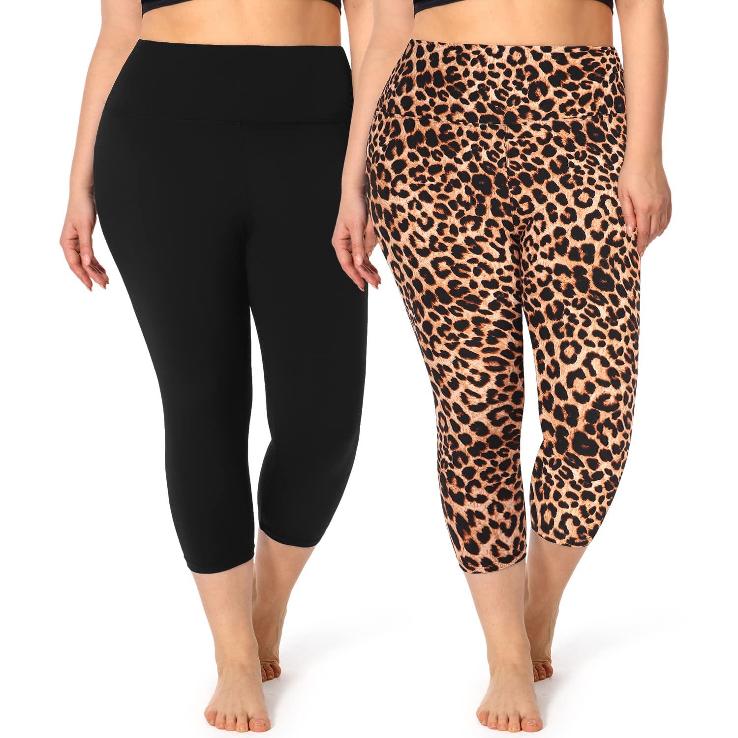 2 Pack Plus Size Capri Leggings for Curvy Women -1X-4X High Waisted Tummy Control&Soft Yoga Workout Gym Tights Pants