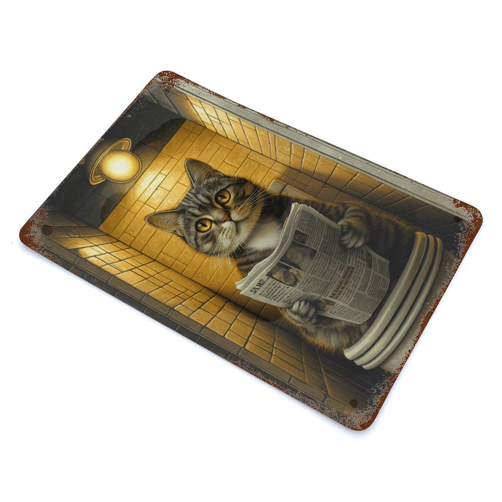 Rust Effect Cat Reading Newspaper on Toilet Weathered Tin Sign 11.8"x7.9", Shabby Chic Decor for Cafe, Home Bar And Lounge Decor