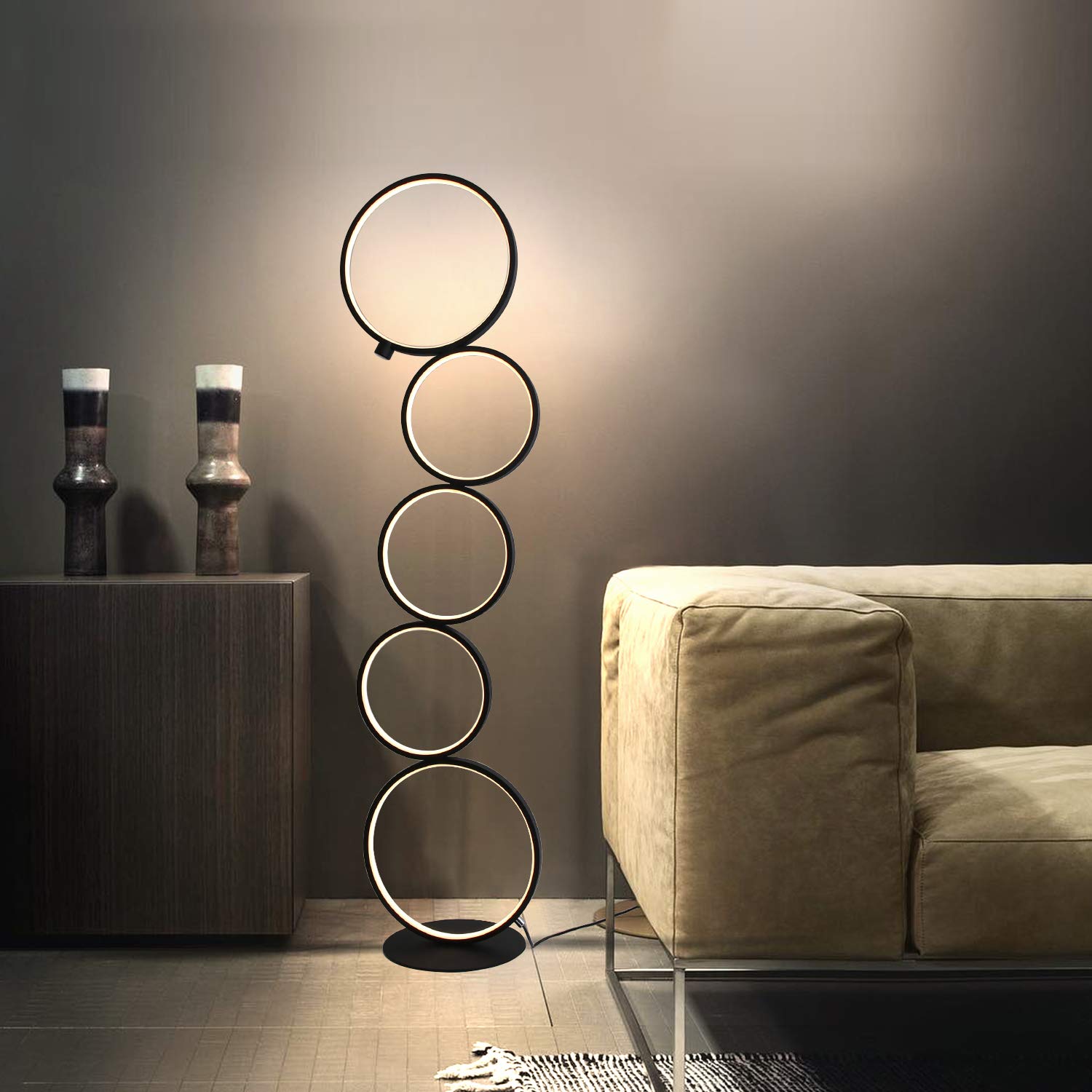 GBLY LED ściemnialna lampa podłogowa nowoczesna 32W przełącznik dotykowy ciepła biel 3000K aluminiowa górna 5-Lekka pierścieniowa czarna do sypialni salon