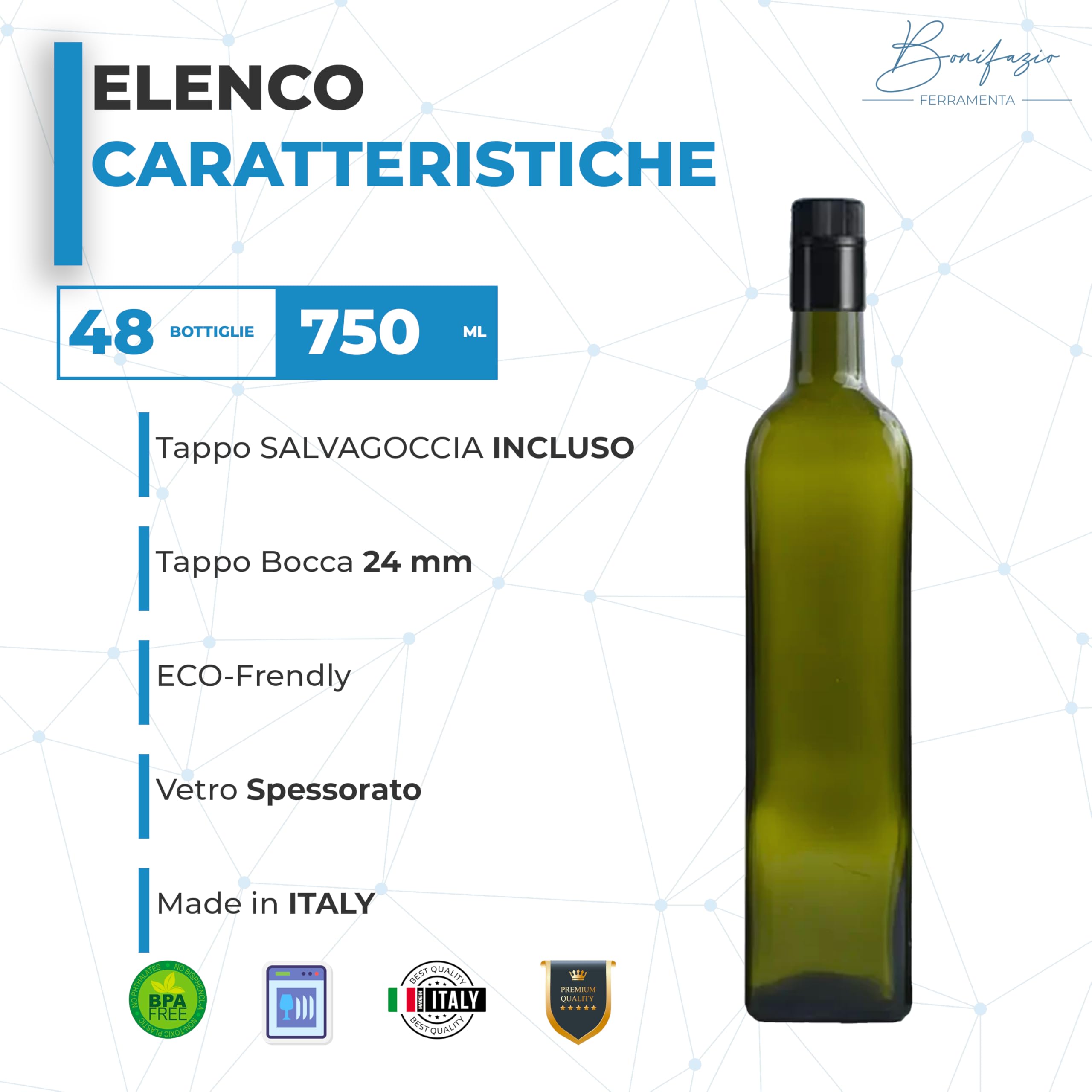 Bottiglia Bottiglie Olio marasca Scura con Tappo salvagoccia per imbottigliamento (750 ml 48 Pz)