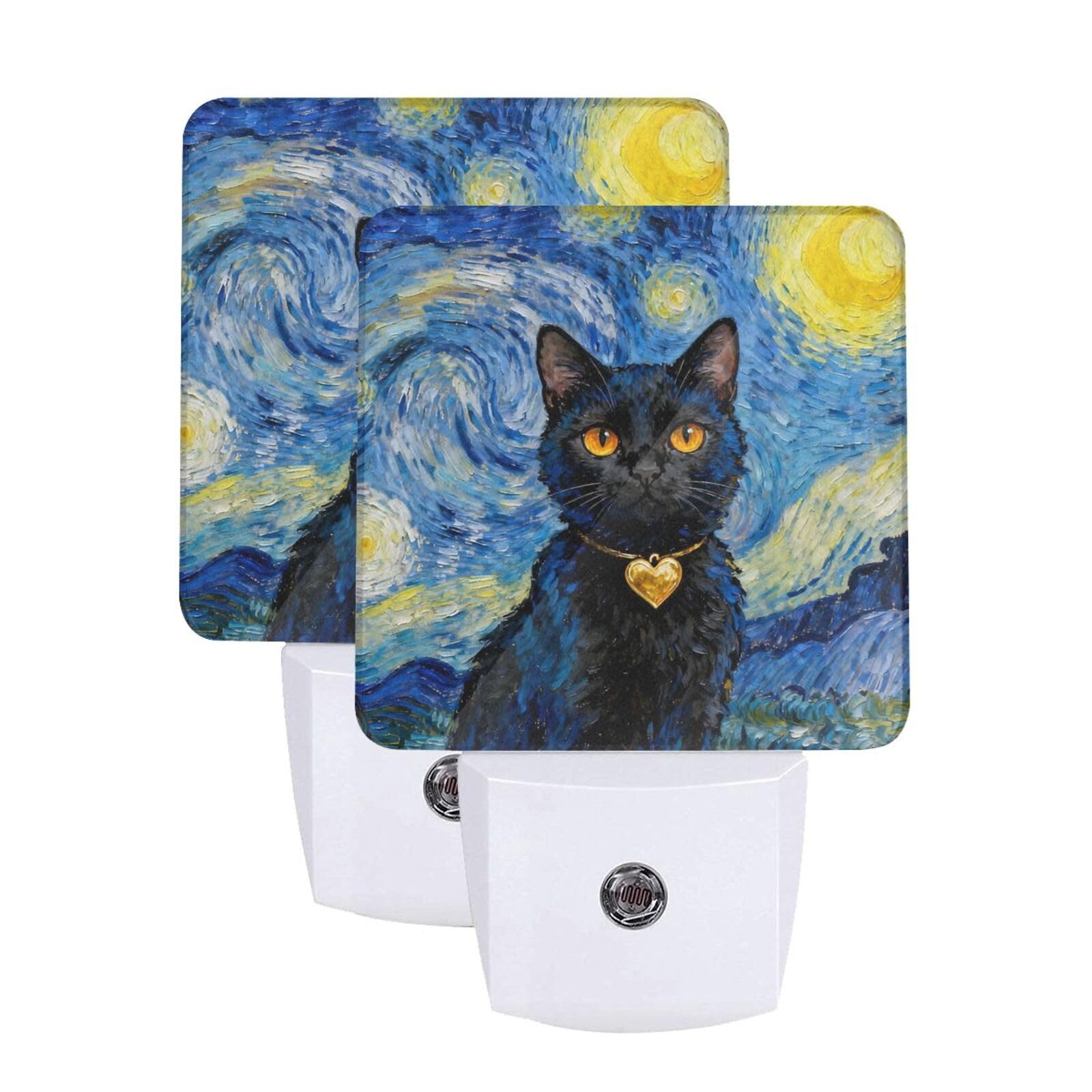 Black Cat Night Light Set of 2, Starry Sky Auto Sensor LED Dusk-to-Dawn Nightlights, Plug-in Sensor Lamp for Bedroom Bathroom Kitchen Hallway Stairs Decorative