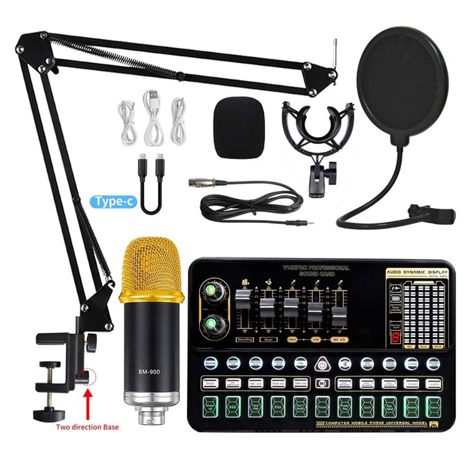 Soundkarten-Kit Professionelles Kondensatormikrofon BM 800 Drahtlose Bluetooth V10 PRO Soundkarte für PC Computer Telefon Karaoke Live-Gesang Gaming Studio Setu，White Bm800 1