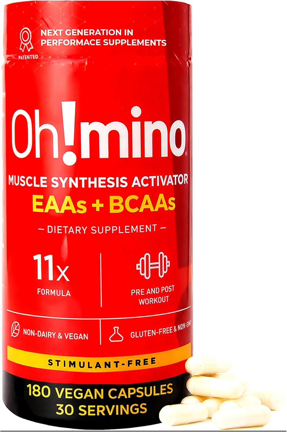 Oh!mino Essential Amino Acids Supplement, Stimulant-Free Capsules, All 9 EAAs, BCAAs, The Perfect Amino for Workouts, Amino Energy, and to Build Muscle, and Recover Faster