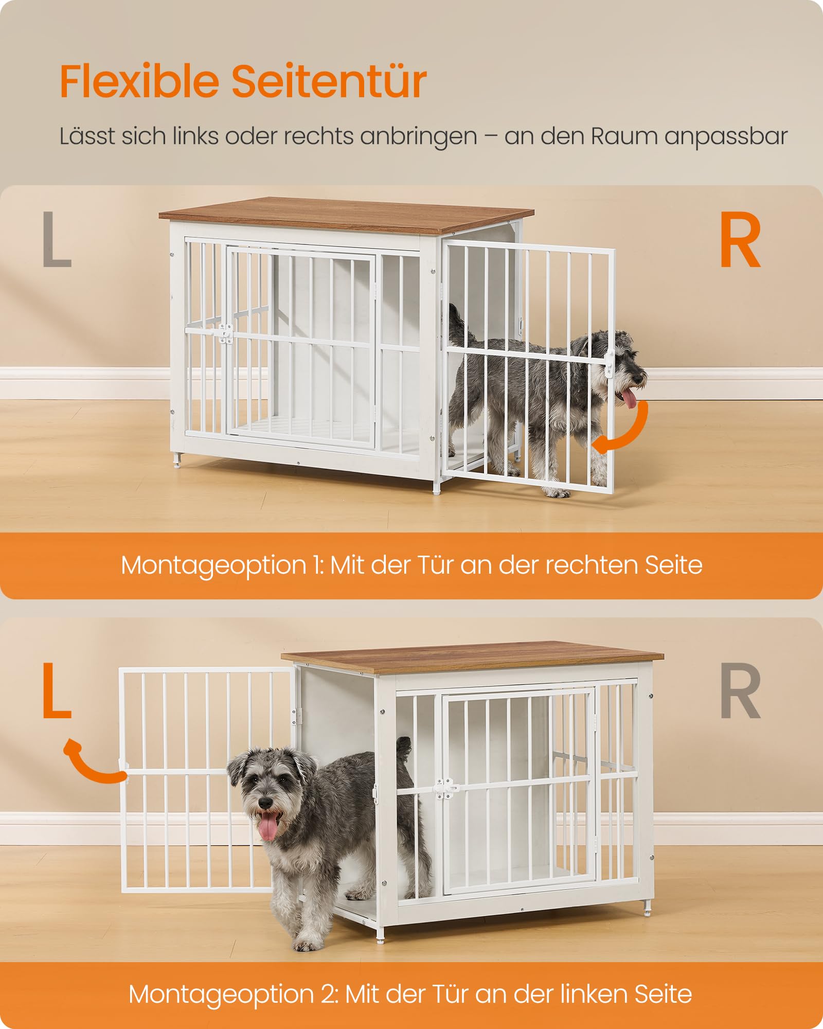 Feandrea Hundebox, Hundekäfig Möbel, Gitterbox aus Holz und Metall, mit 2 Türen und Geschlossenem Boden, 82 x 55 x 64 cm, für Zuhause, Vintagebraun-Weiß, Degwood PFC022KB01