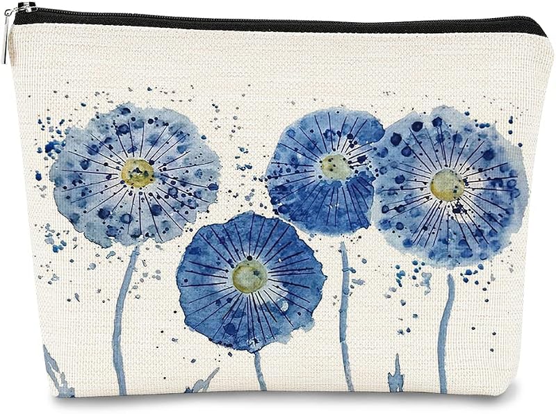 Necessaire de Maquiagem BARPERY com Flores Azuis em Aquarela, Flower 10