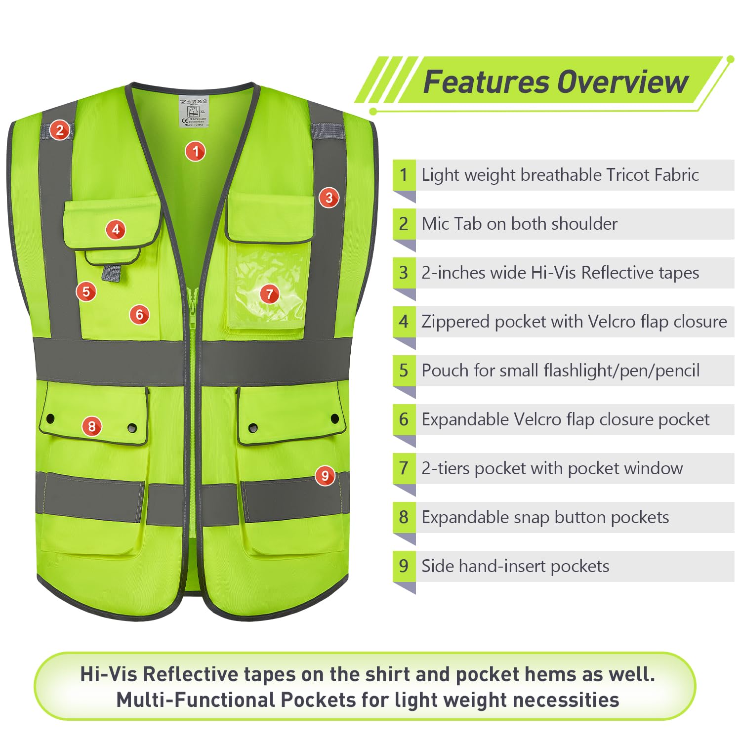 Ooyeidkvie High Visibility Safety Vest,9 Pockets Hi Vis Reflective Costume,chalecos reflectantes de seguridad(XL-10 Packs)