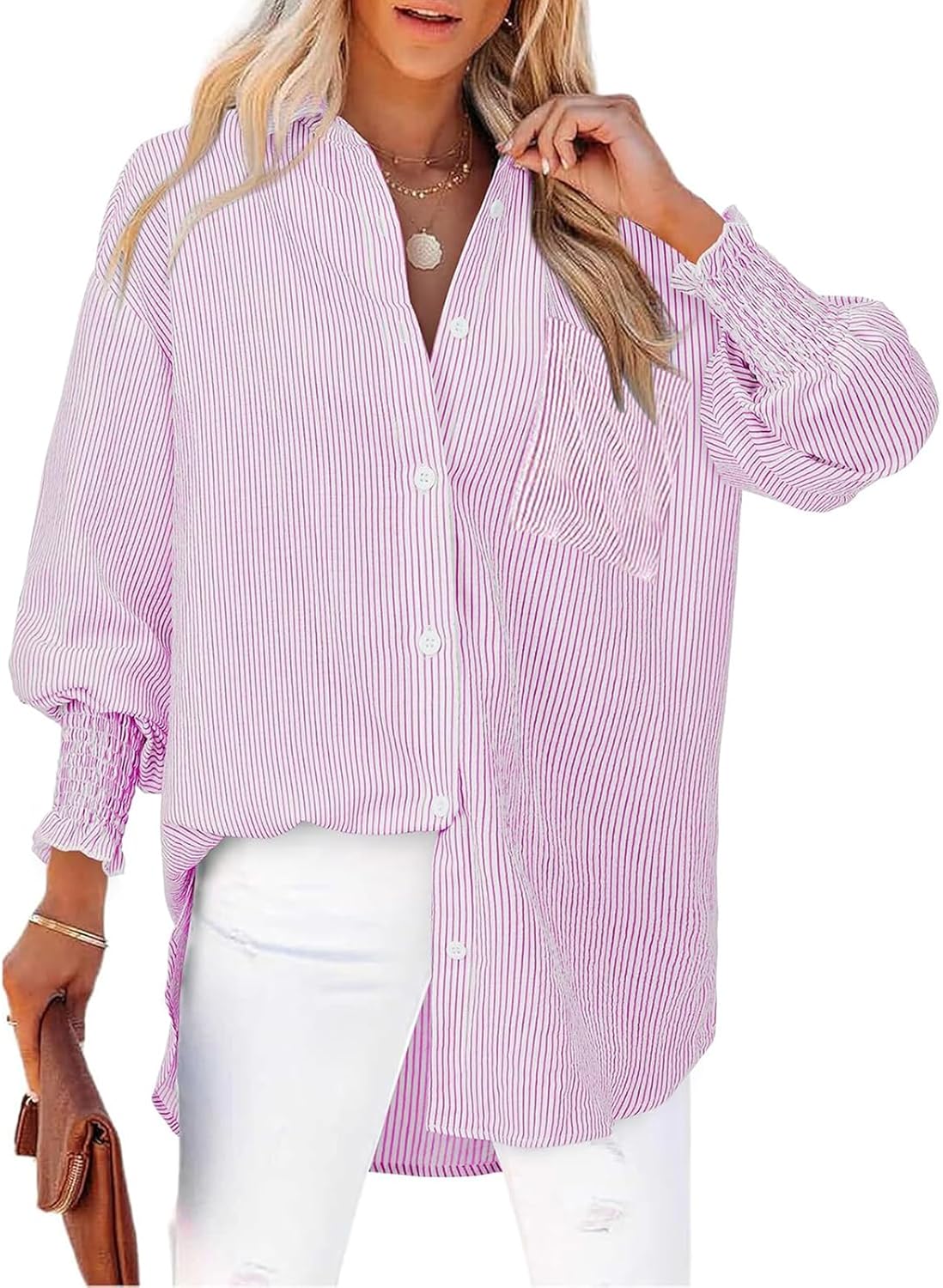 Womens Striped Button Down Shirts Smocked Cuffed Blouse Long Sleeve Casual Collar Oversized Shirt Tops with Pocket