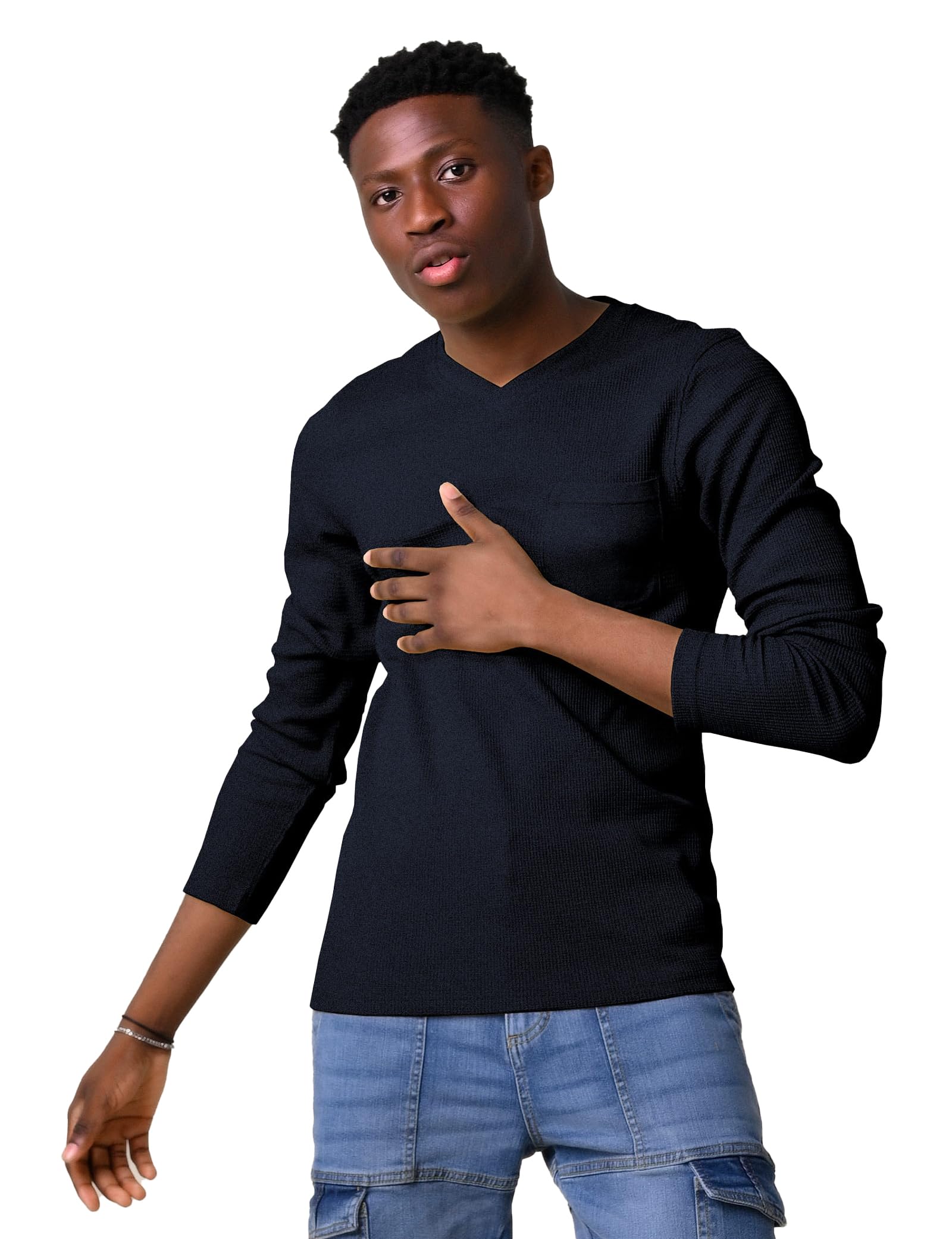 Enorsia Long Sleeve Waffle T-Shirt with Ribbed V-Neck, Solid Colour Pocket and Soft Touch Cotton Pique Fabric (Black, M)