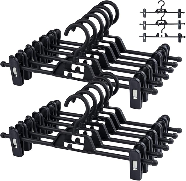 ilauke 12 Pack Trouser Hangers Skirt Hangers Black Plastic Clothes Hangers with Strong Non-slip Adjustable Clips, 360° Hook, Hangers for Skirts, Jeans, Slacks