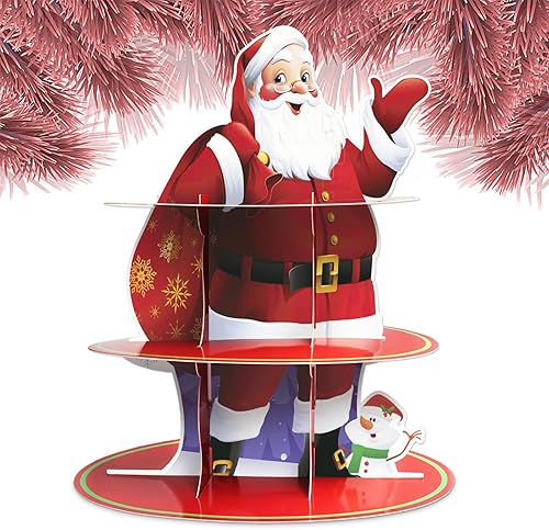 Soporte de 3 niveles para cupcakes de Navidad, Papá Noel, soporte para tartas de Navidad, fiesta de Navidad, cupcake rojo, postre, soporte para