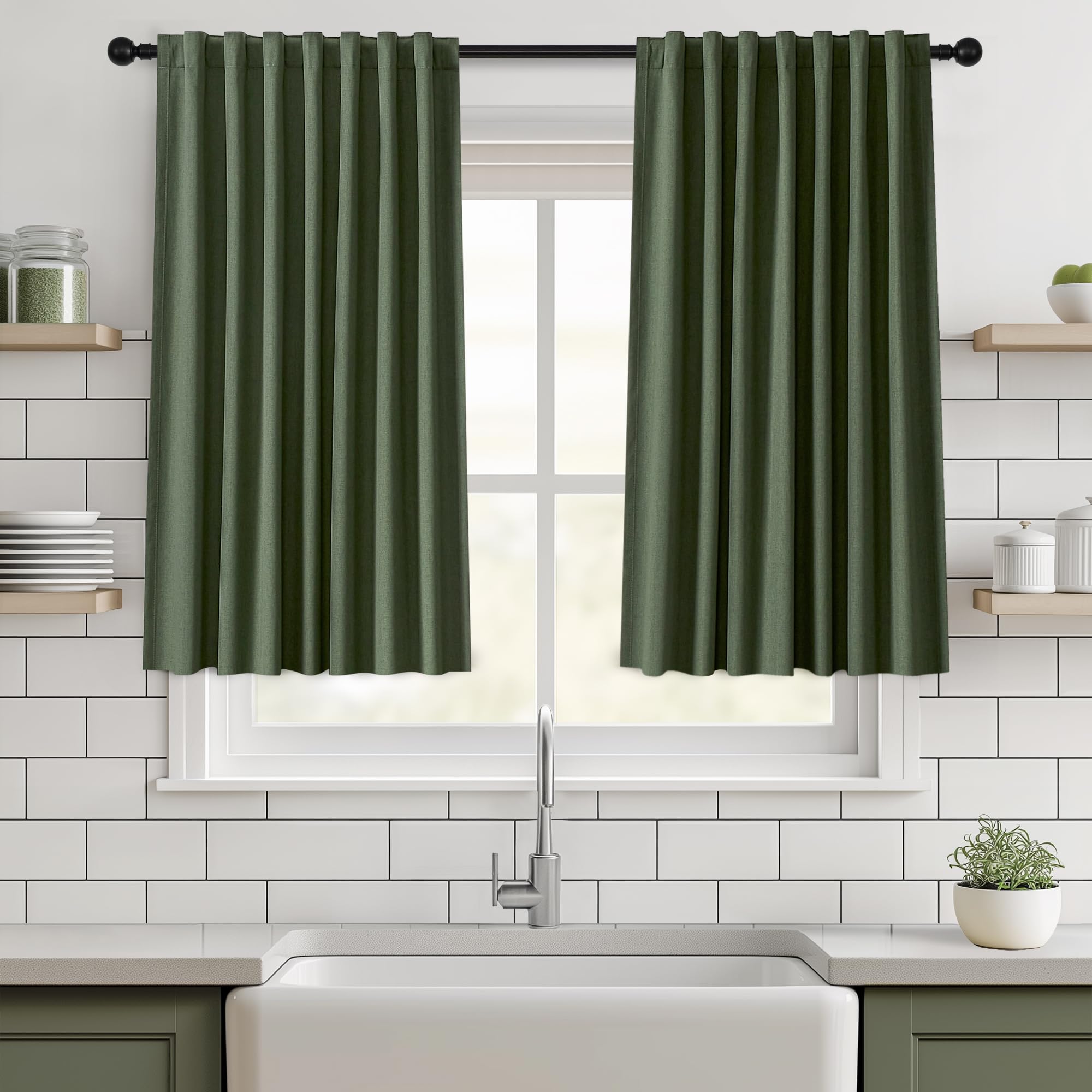 Photo 1 of *** BLACK *** BSfullts Blackout Curtains 40 Inch Long for Bedroom Living Room, Room Darkening Thermal Insulated Noise Reducing Olive Green Linen Textured Drapes with Back Tab Rod Pocket 2 Panels Set