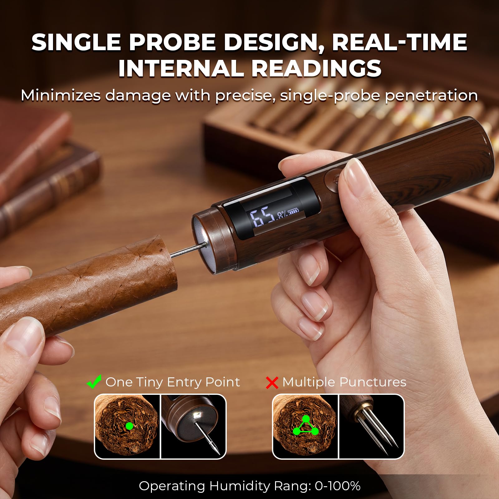 GLENCREAG Classic Style Humidity Tester for Storage Boxes | Igrometro Ricaricabile con Sonda e LED, Misura Umidità per Humidor, Regalo