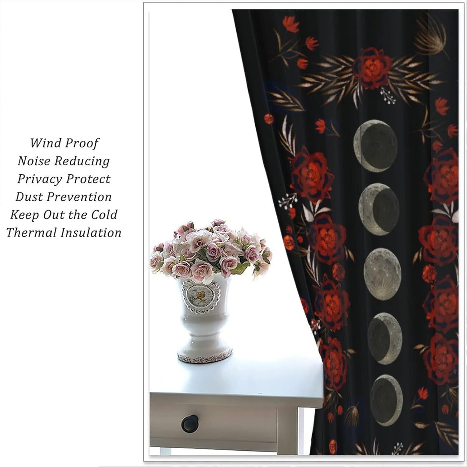Moon Floral Curtains Black Flower Wildflower Phase Moonlit Garden Boho Spring Vines Nature 2 Panel Window Treatment Set for Bedroom Living Room Decor 55x63 Inch Blackout