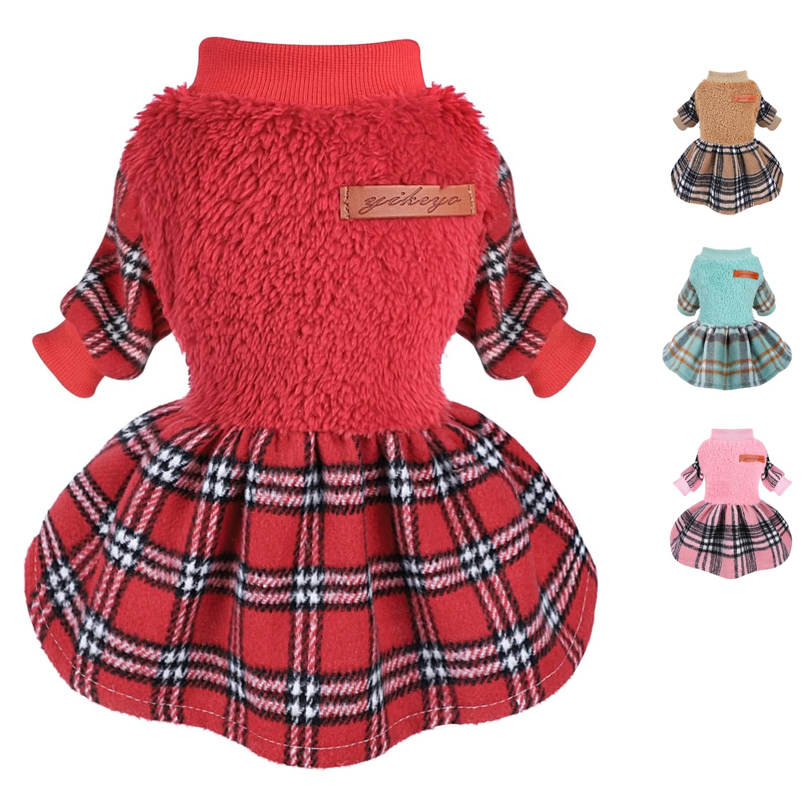 Dog Sweater Dress Plaid Fleece Dog Sweaters for Small Dogs Girl Female Warm Winter Clothes Girl XXS Outfit Apparel Clothes (Red, XS for 3.5-5.5lb)