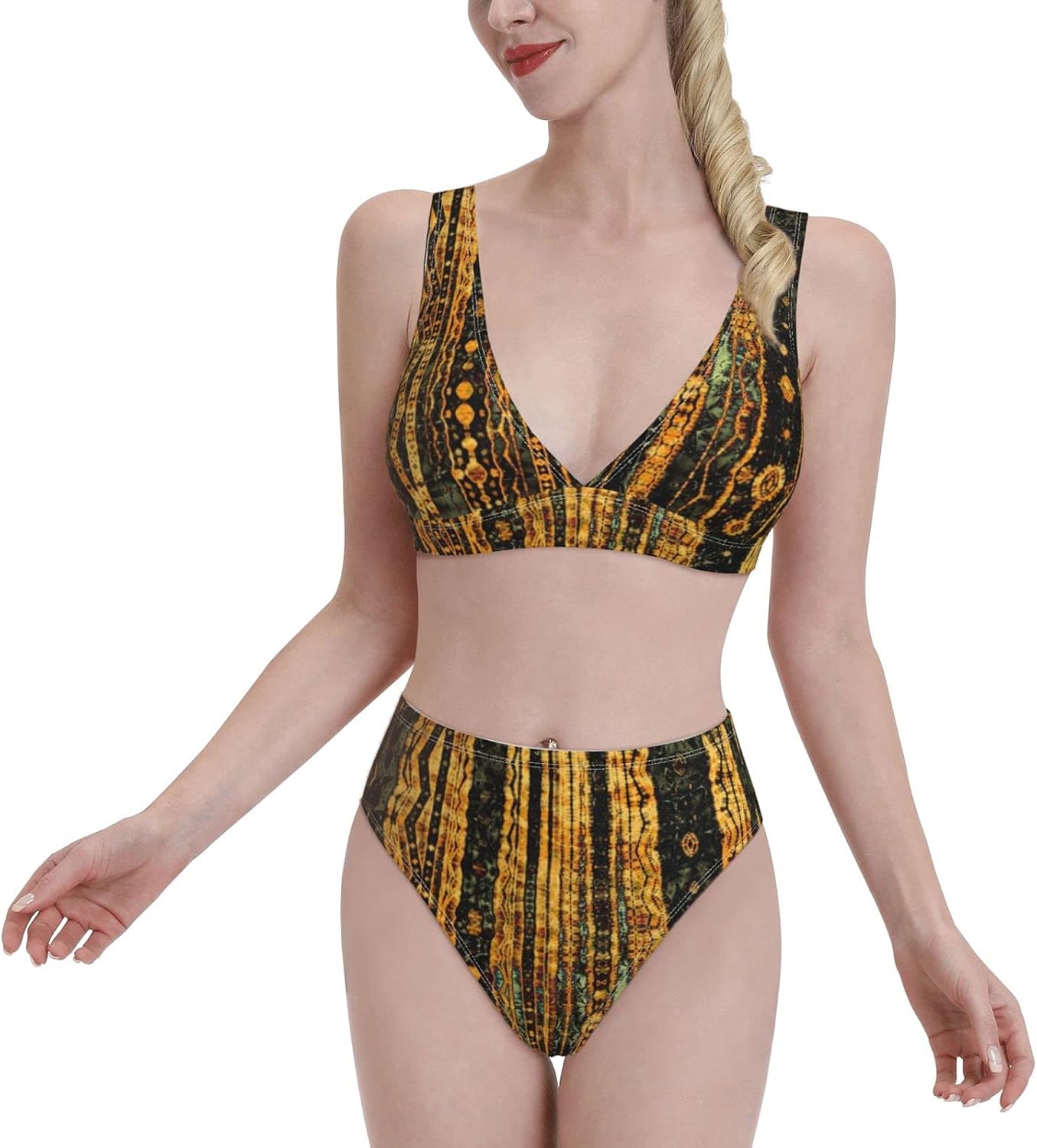 LAWLZ Abstract Yellow Black Pattern Women High Waisted