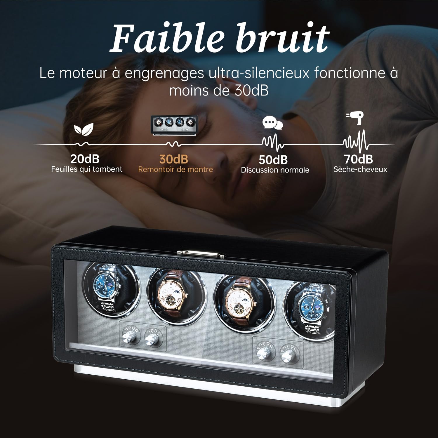 Mcbazel Remontoir pour Montre Automatique - Boîte à Remontre Automatique en Cuir PU Rectangulaire pour 4 Montres, Moteur Ultra-Silencieux avec 4 Cadrans de Montre, Eclairage LED, 4 Modes de Rotation