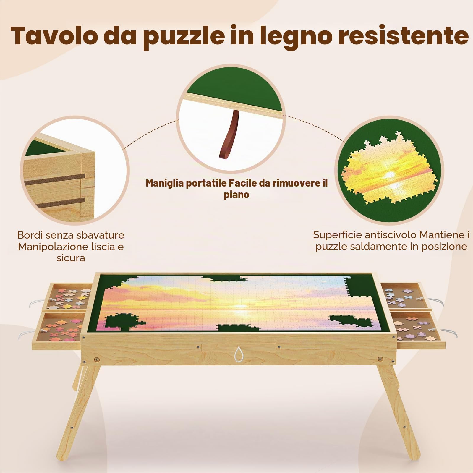 Puzzle da 1000 Pezzi, Supporto Regolabile, Tavolo in Legno per Puzzle, Puzzle con 6 Scomparti e 1 Copertura