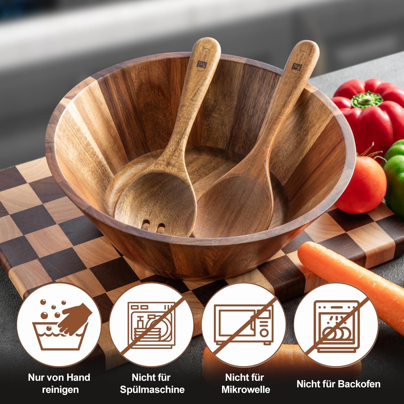 Salatschüssel Holz Set 3-teilig, inkl Salatbesteck,Obstschale, Geschirr,Obstkorb, Holzschale, Bowl Deko Schalen aus Akazienholz vielseitige Servierschale Große Salatschüssel Set