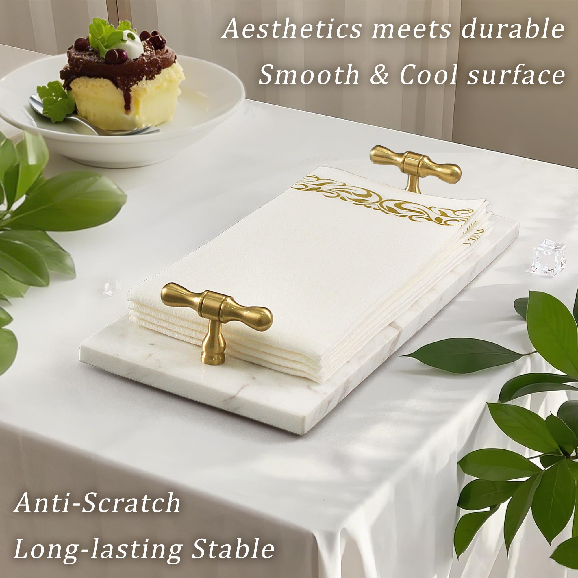 LIN CHUAN Marble Napkin Holder, Guest Towel Holder Tray, White Marble Tray for Bathroom & Kitchen Countertop with Brass Handles, Decorative Bathroom Napkin Holder for Home Decor