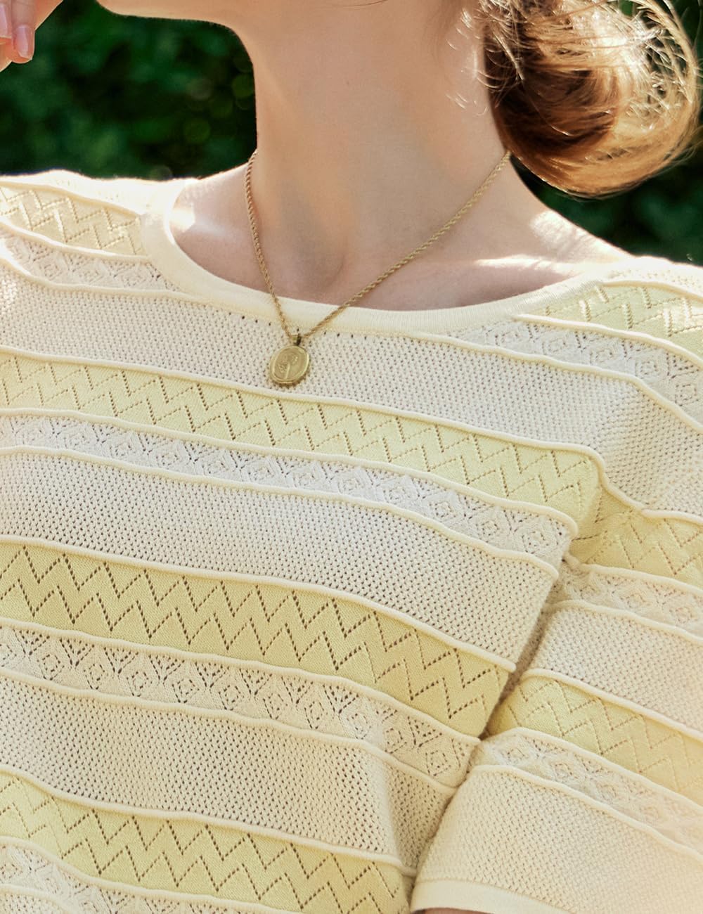 Women's Yellow Striped Knitted Long Dress, Round Neck Short Sleeves Spliced Hem Summer Casual Bohemia Midi Dress - Image 4