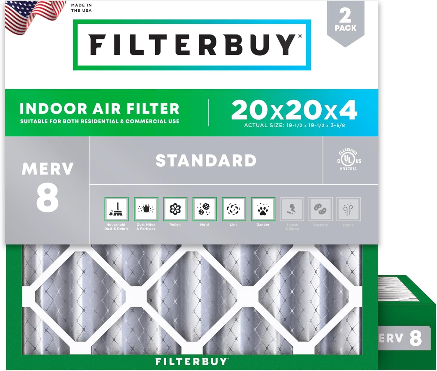 Filterbuy 20x20x4 MERV 8 Air Filters (2-Pack) - Electrostatic Pleated HVAC Furnace Filters for Dust & Allergy Defense, Made in USA