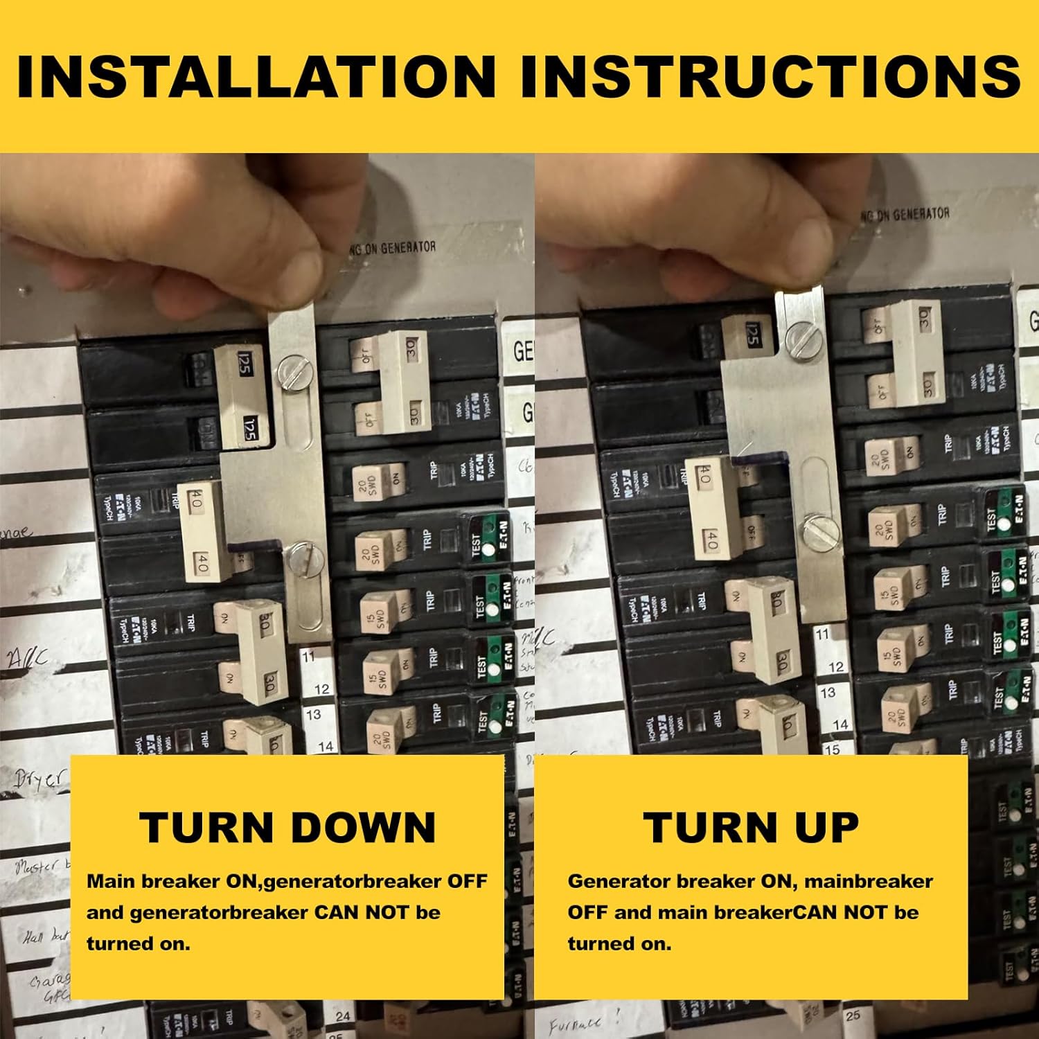 Generator Interlock Kit Compatible for Eaton Cutler Hammer and Square D Homeline Meter Main 150 or 200 amp Breaker, Adjacent Main and Generator Breakers, For Safe Usage of Portable Power During Outage