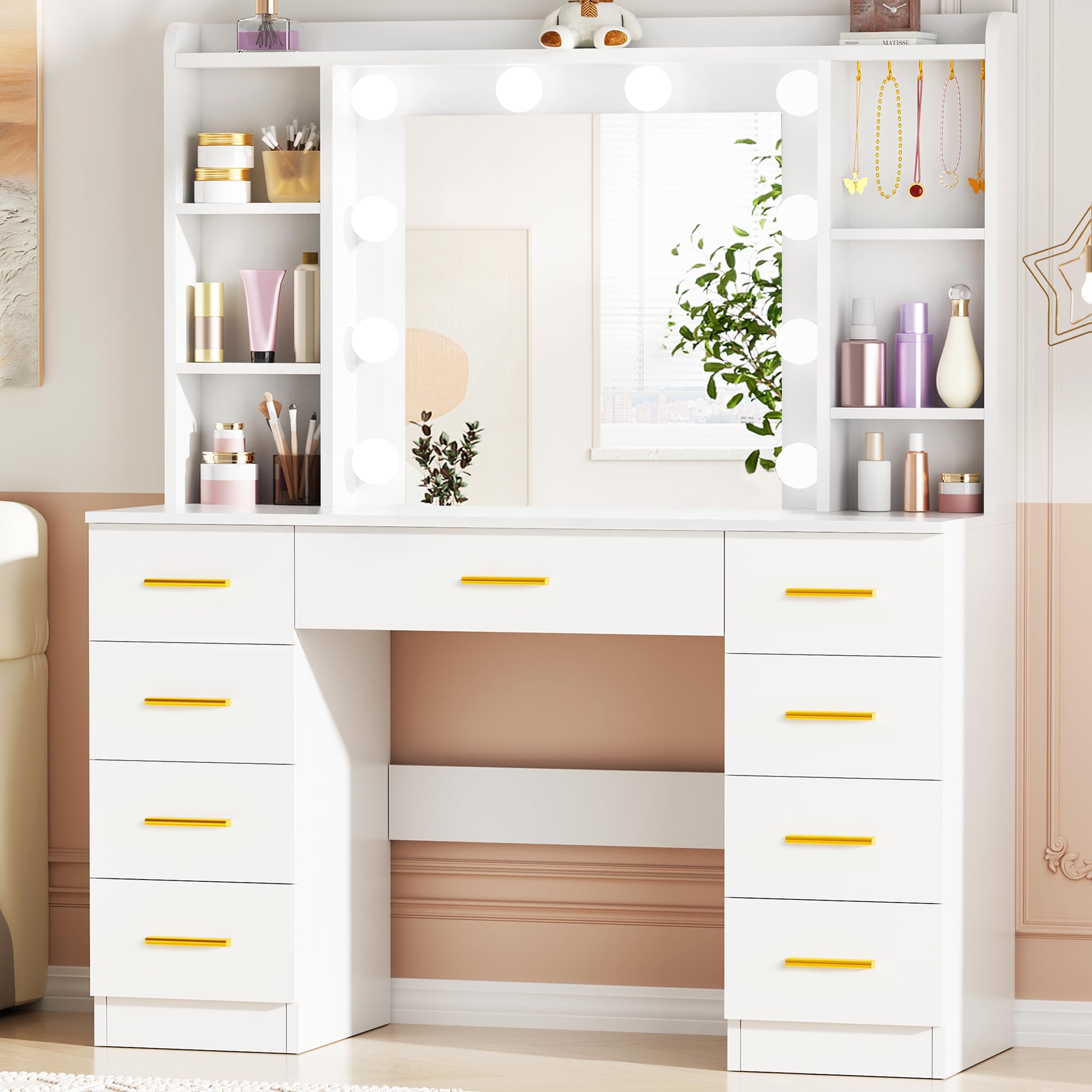 ANWBROAD Grande Coiffeuse avec Miroir et LED Éclairage, 3 Couleurs, Luminosité Réglable Table de Maquillage avec 9 Tiroirs et 6 Étagères Ouvertes 5 Crochets, Moderne Coiffeuse Blanc BDT89W