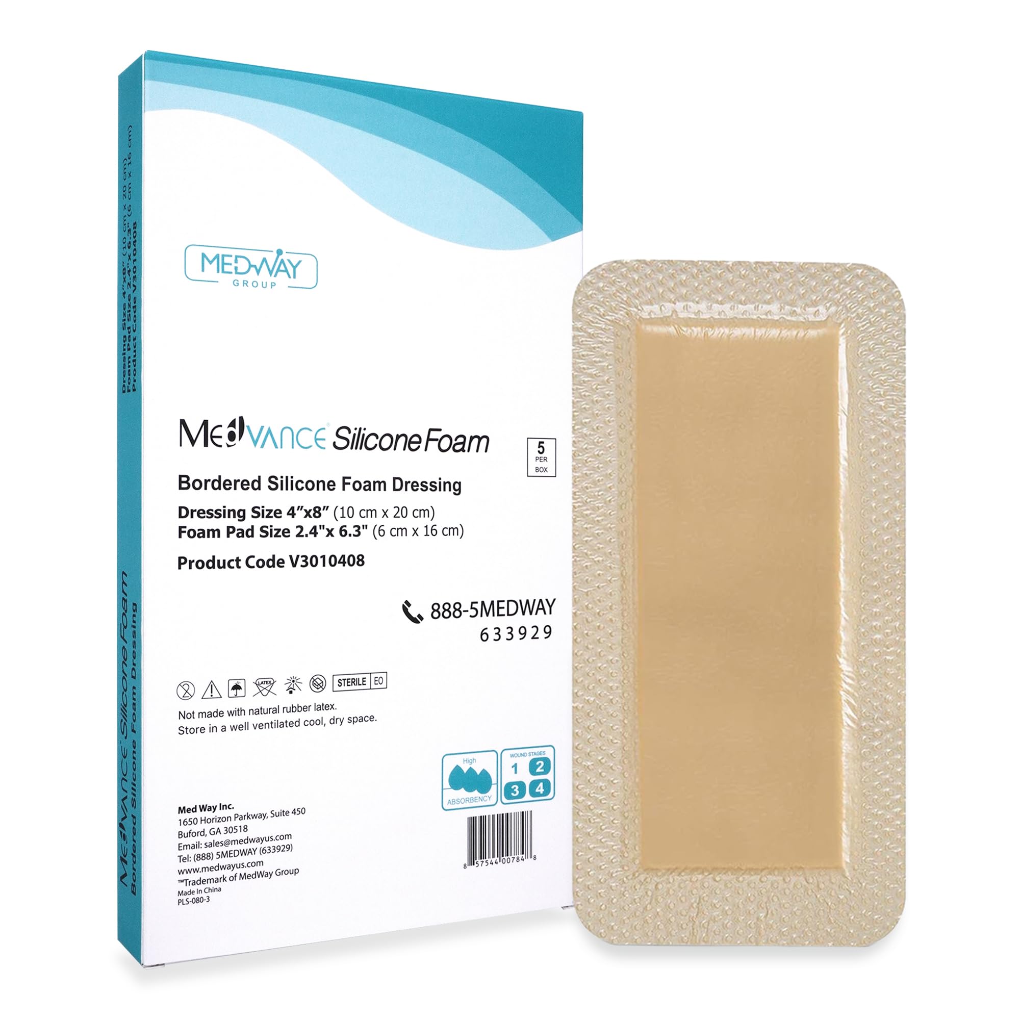 MedVanceTM Silicone - Bordered Silicone Adhesive Foam Dressing Size 4?X8? (2.4"x 6.4" Pad) Box of 5 dressings