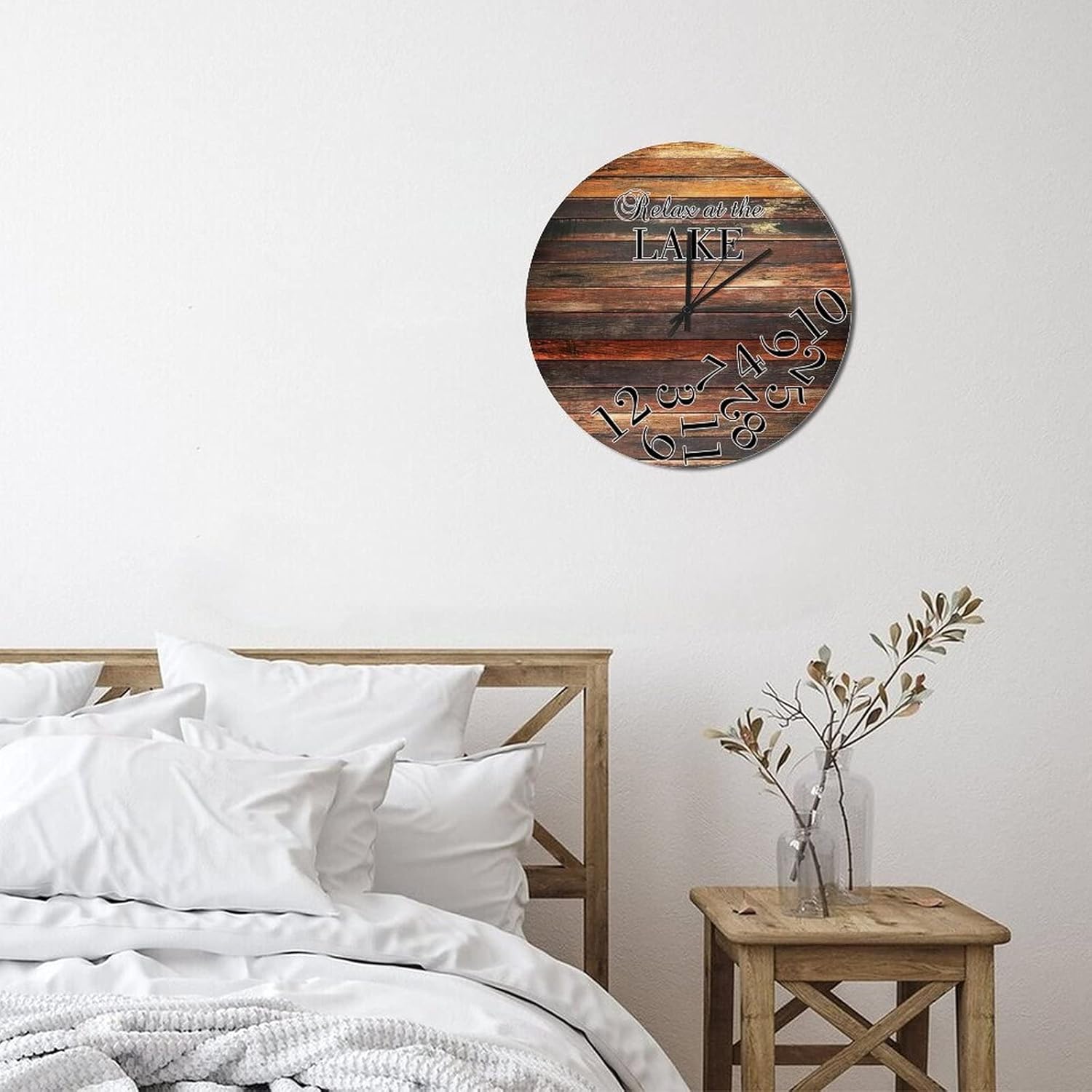 Farmhouse Round Wood Clock Wood Grain Relax at The Lake Wall Clock 12 Inch Silent Non-Ticking Clock for Office Classroom School Club Bar Home Decor Wall Art