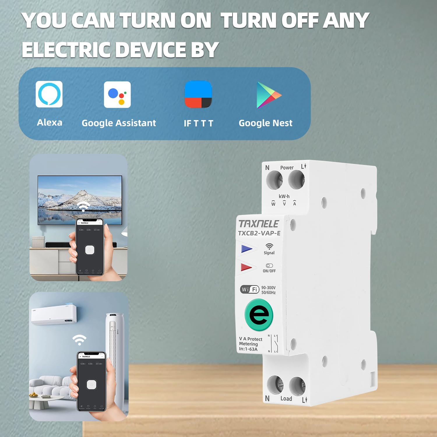 Ewelink wifi interrupteur intelligent interrupteur temps relais minuterie 1P + n 10A 16A 20A 25a 32A 40A 63A 110V 220V télécommande sans fil commande vocale (1-63A Adjustable VA Protect)