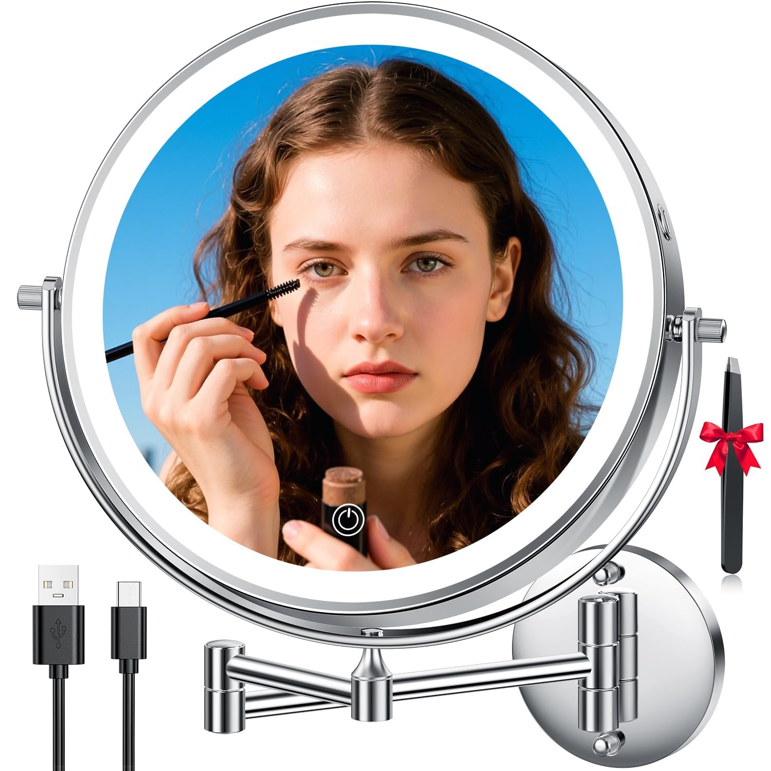 Auxmir 25cm Specchio Trucco con Luci Ingranditore 30X/1X da Parete, Argento | Estensibile, Rotazione a 360°, 54 LED, 3 Colori, Luminosità Regolabile, 5000mAh Batteria, Ricaricabile, per Bagno Hotel Spa