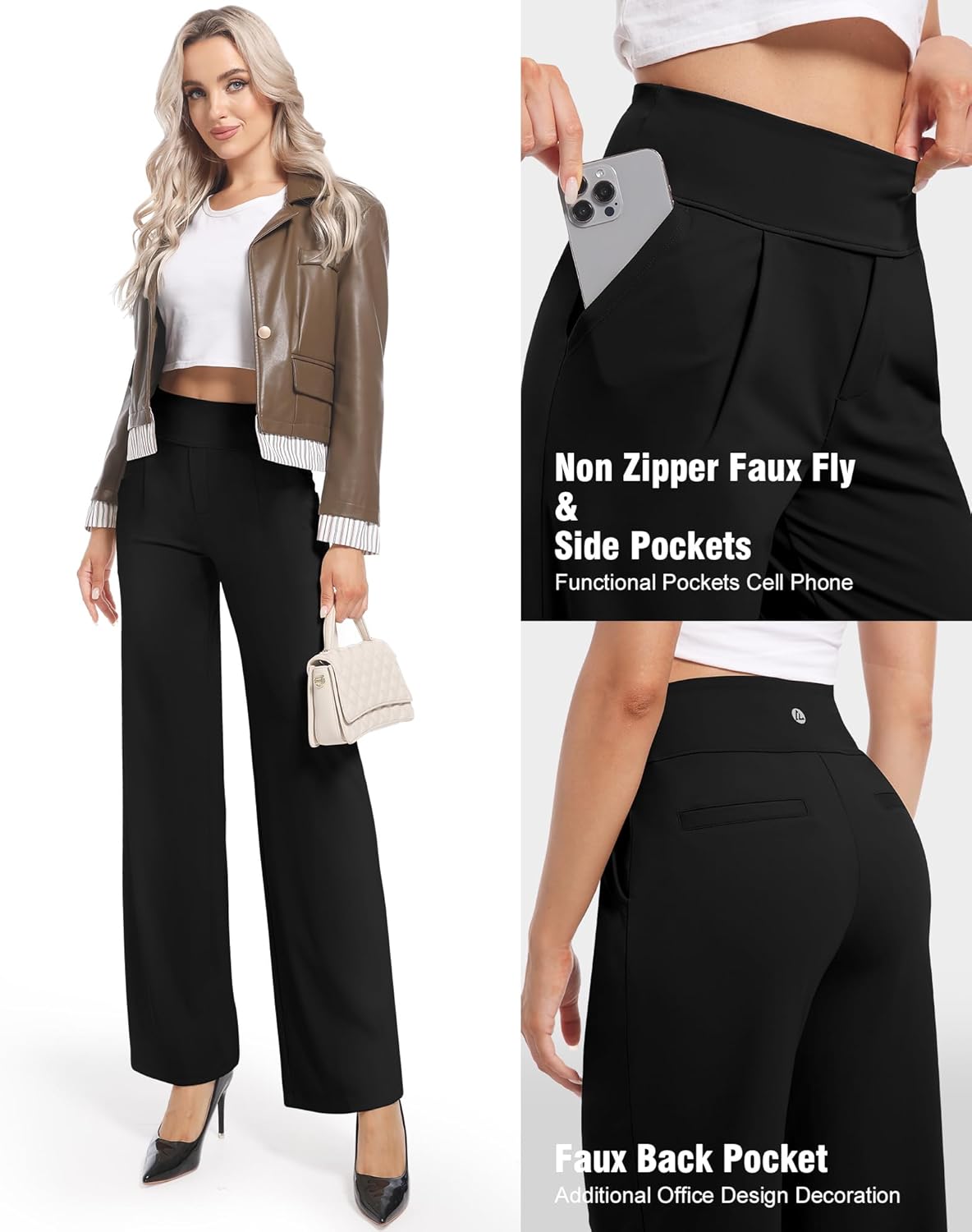 CL convallaria Womens Wide Leg Yoga Pants with Pockets Stretch Trousers Business Casual Dress Pant Petite Regular - Image 4