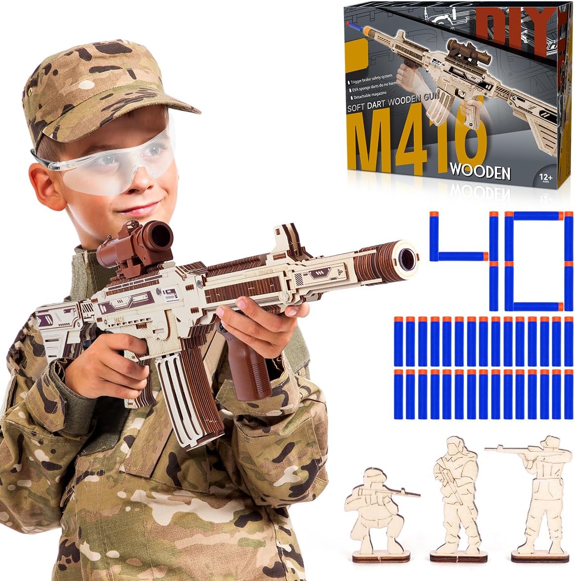 VATOS Wooden Gun Puzzles, 3D Wood Puzzles Gun for Adult with Foam Soft Bullet, Electric Wooden M416 Rifle Puzzle Toy Model, Wood Puzzle DIY Building Kits for Adult Christmas Birthday Gift