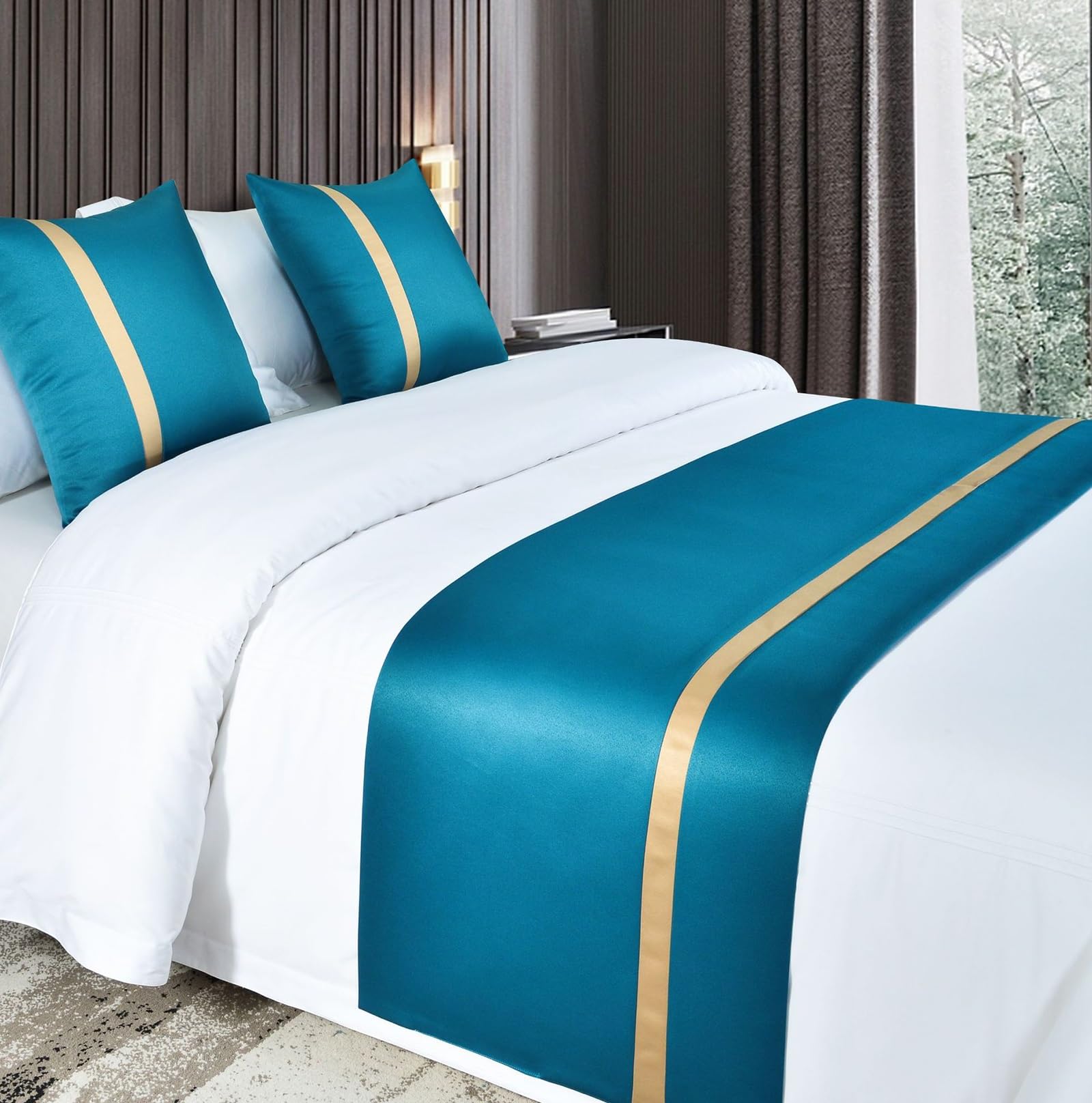 bieżnik na łóżko, Miękki bieżnik na łóżko Fioletowy jedwabisty miękki satynowy narzuta Jednokolorowy wystrój pościeli do domu(Blue,50 * 180cm for 120cm Bed)