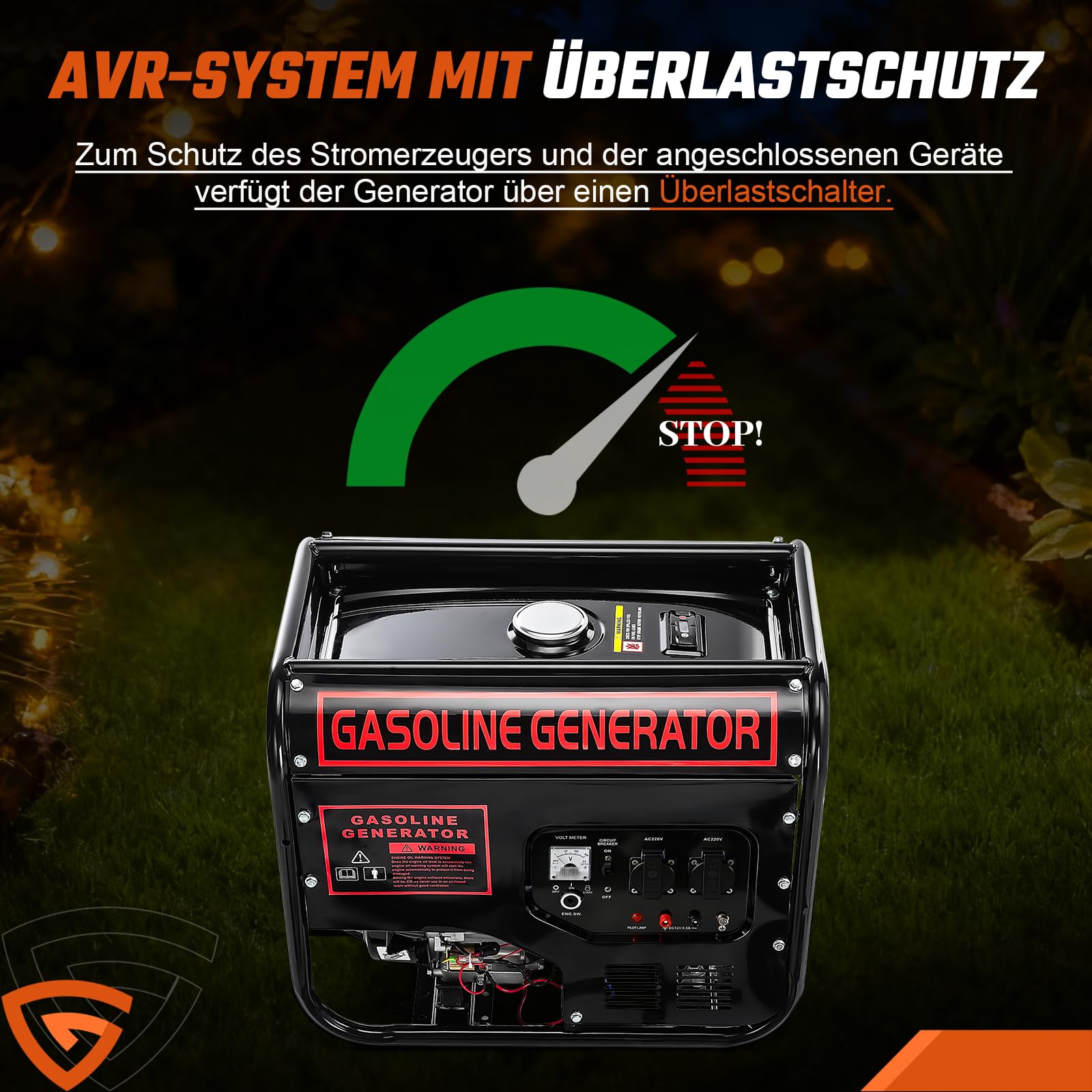 Benzin Stromgenerator mit E-Start | 4-Takt Benzin Motor mit 12PS | 5000W Leistung | 274mm Hubraum | 2x 230V | 12V Anschluss | 15L Tank | AVR-Technologie | inkl. Fahrvorrichtung
