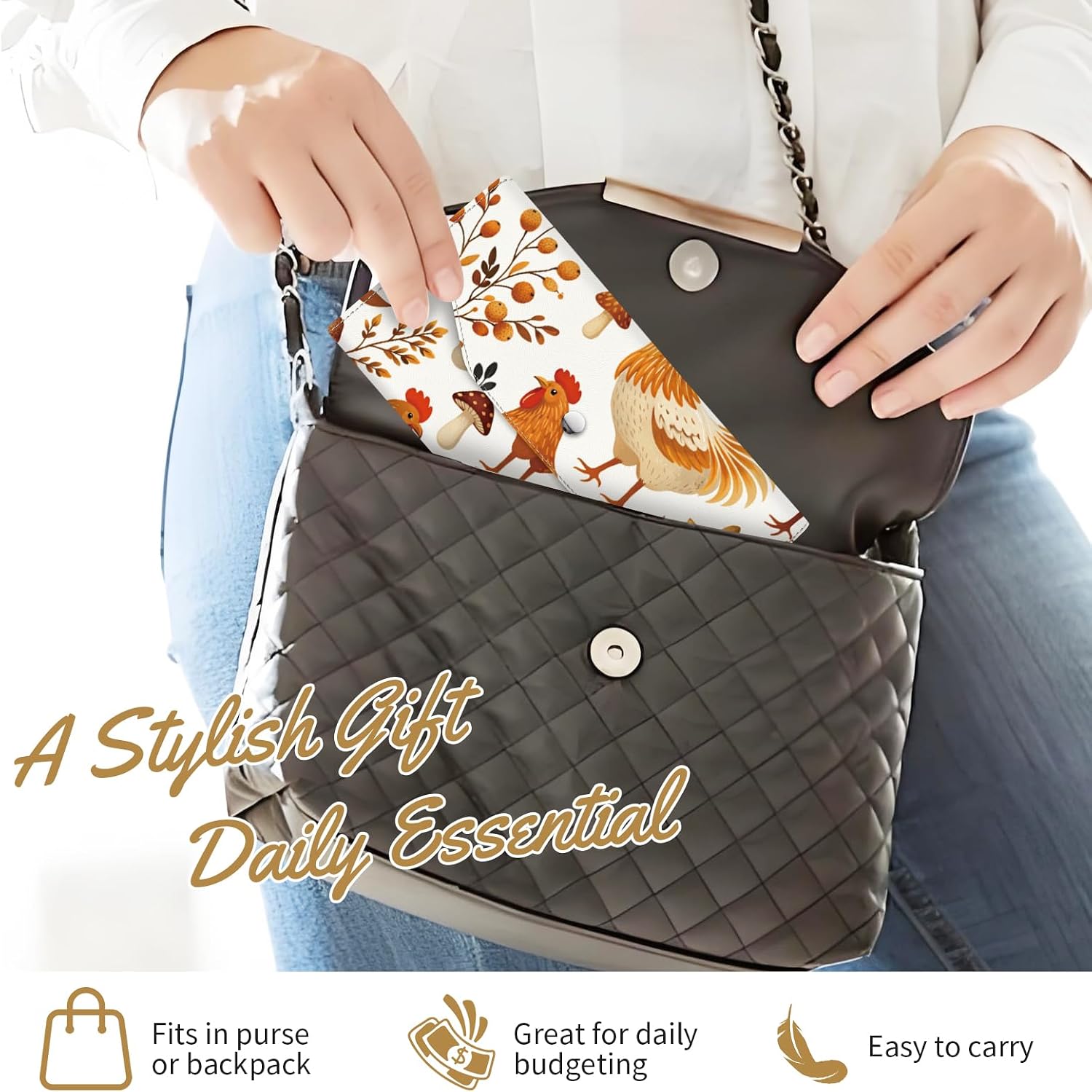Cash Envelope Wallet for Budgeting, PU Leather Money Organizer for Cash Saving, Reusable Envelopes with 4 Dividers & Sticker Labels, Portable Cute Money Holder Farm Chicken image 4