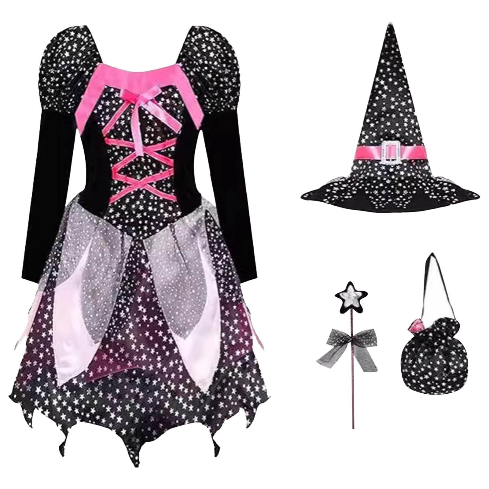 Witch Costume Kids Girls Halloween Costumes for Kids Witches Costumes 4 Pcs Set Dresses with Wizard Hat, Bag and Magic Wand Carnival Outfits Wizard Outfit for Dress Up Party Role Playing Cosplay