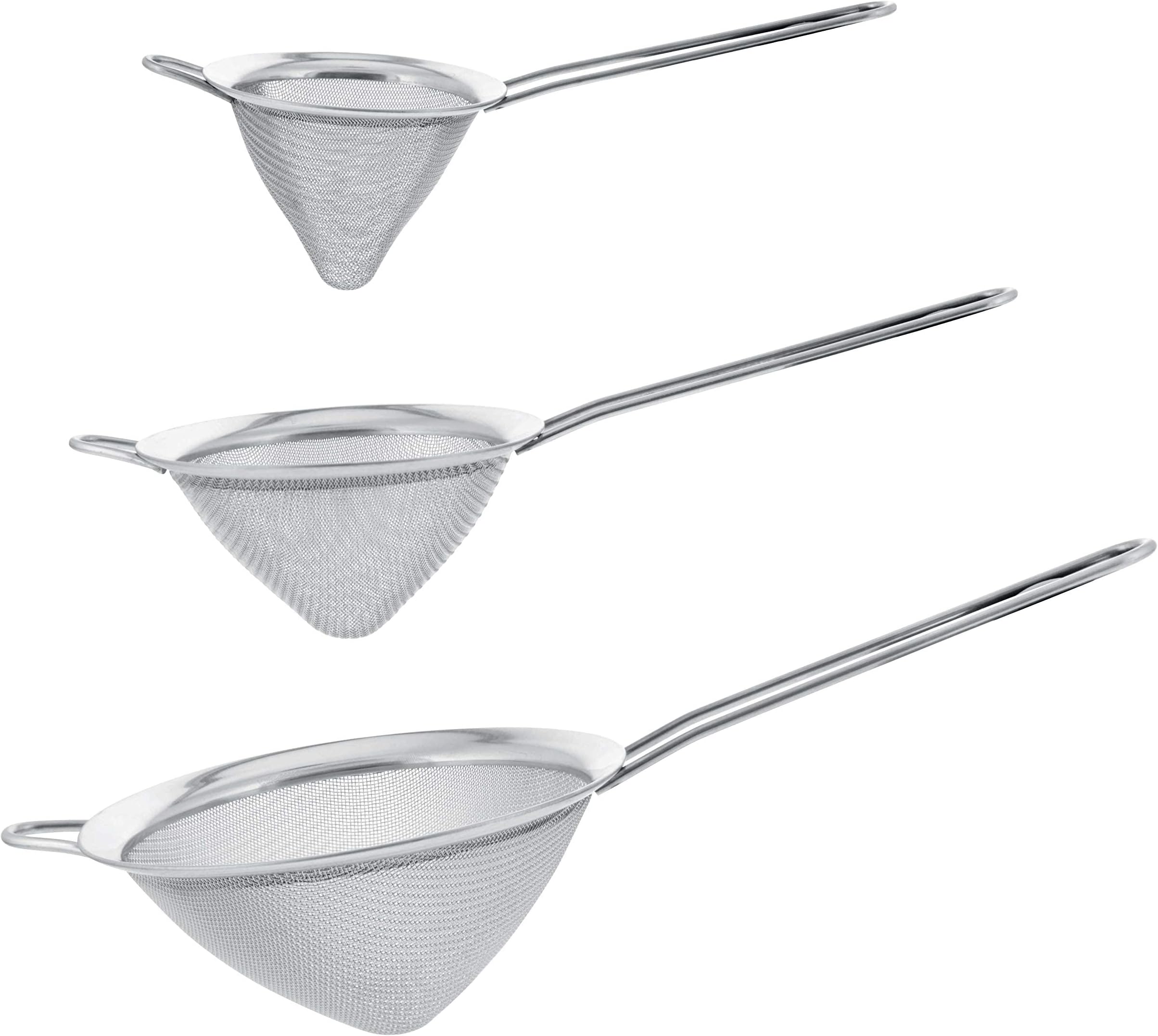 KASTWAVE Stainless Steel Strainer Skimmer Ladle, Set of 3 Premium Quality Extra Fine Twill Mesh Stainless Steel Conical Strainers to Sift, Strain, Drain and Rinse Vegetables, Pastas & Teas