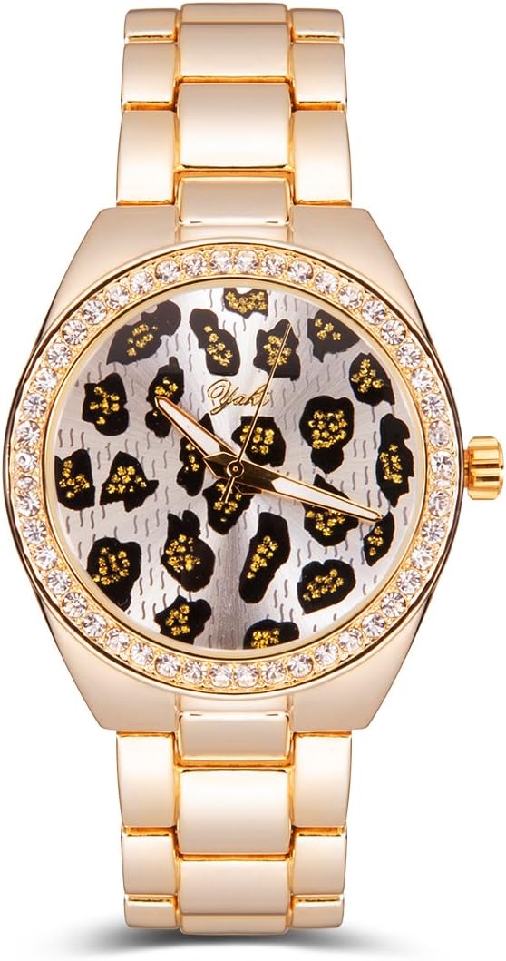 YAKI Luxury Ladies Quartz Wrist Watches with Leopard Dial,Metallic Bracelet Band Strass Gold