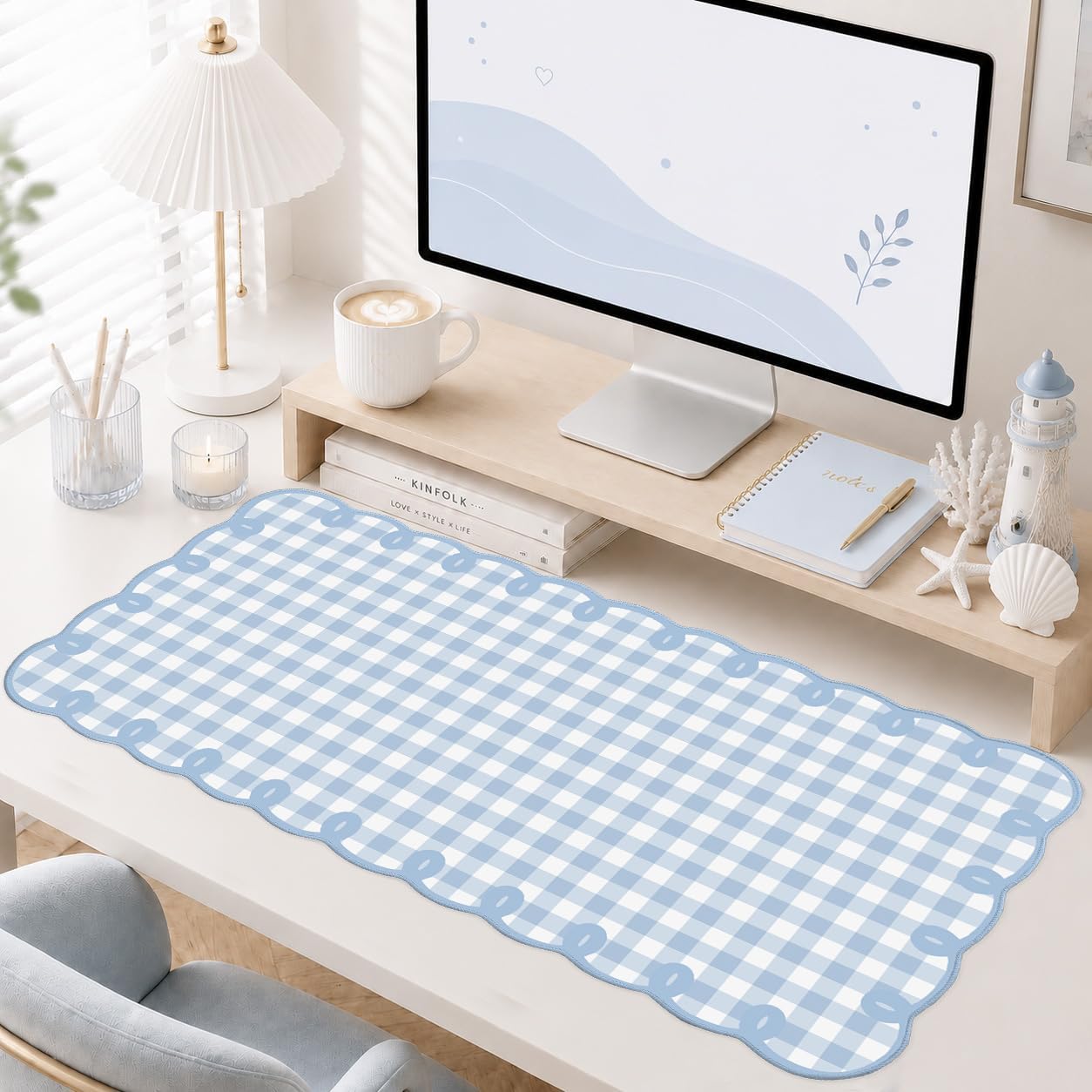 Cute Blue Scalloped Desk Mat Gingham Checkered Large Mouse Pad Kawaii Vintage Farmhouse-Inspired Cottagecore Office Desk Decor Stitched Nonslip Pad for Computer Keyboard & Mouse 31 * 15.7in image 3