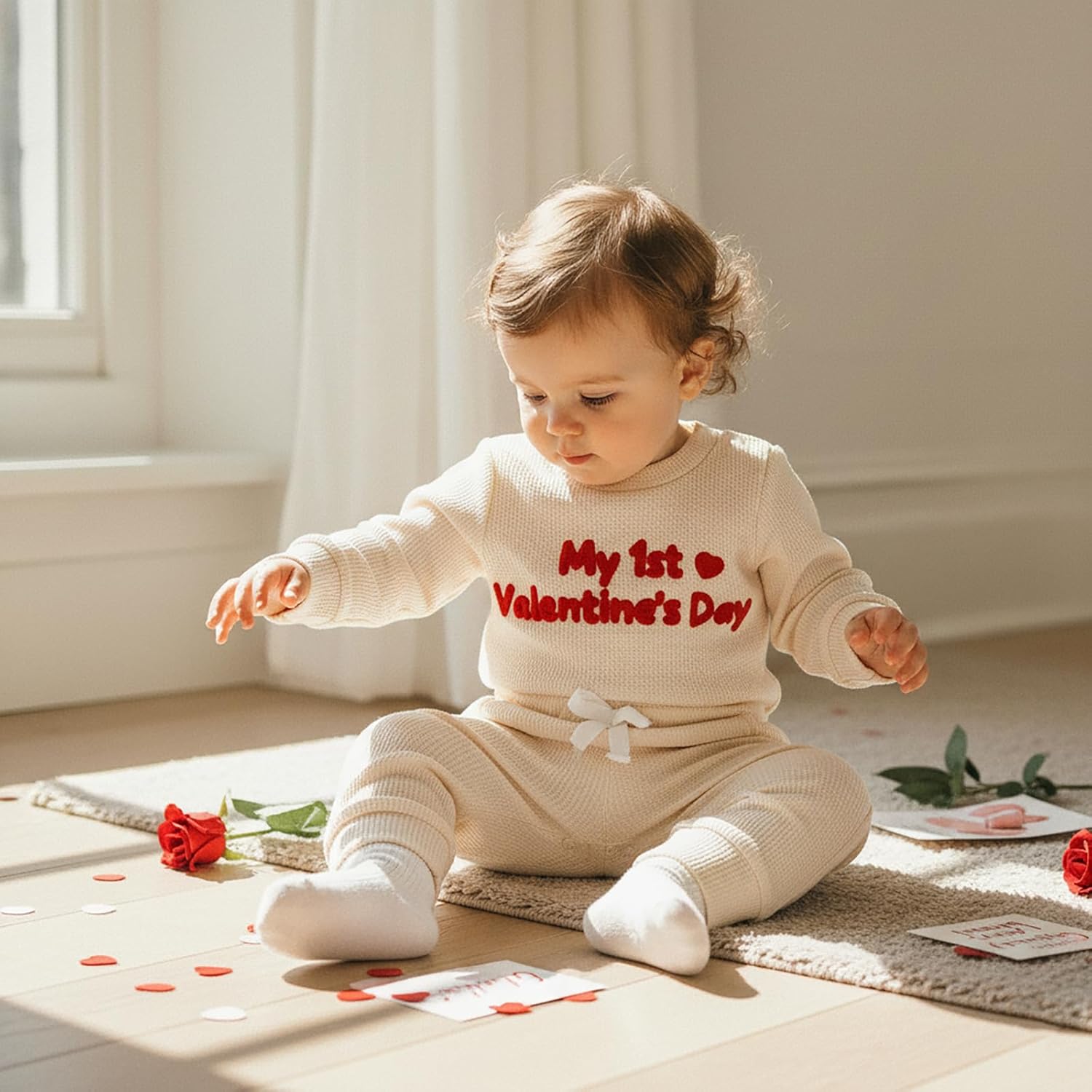 Douhoow Baby Valentines Day Outfit Infant Boy Girl My 1st Valentine's Embroidered Waffle Baby Sweatshirt Romper Pants Set - Image 7