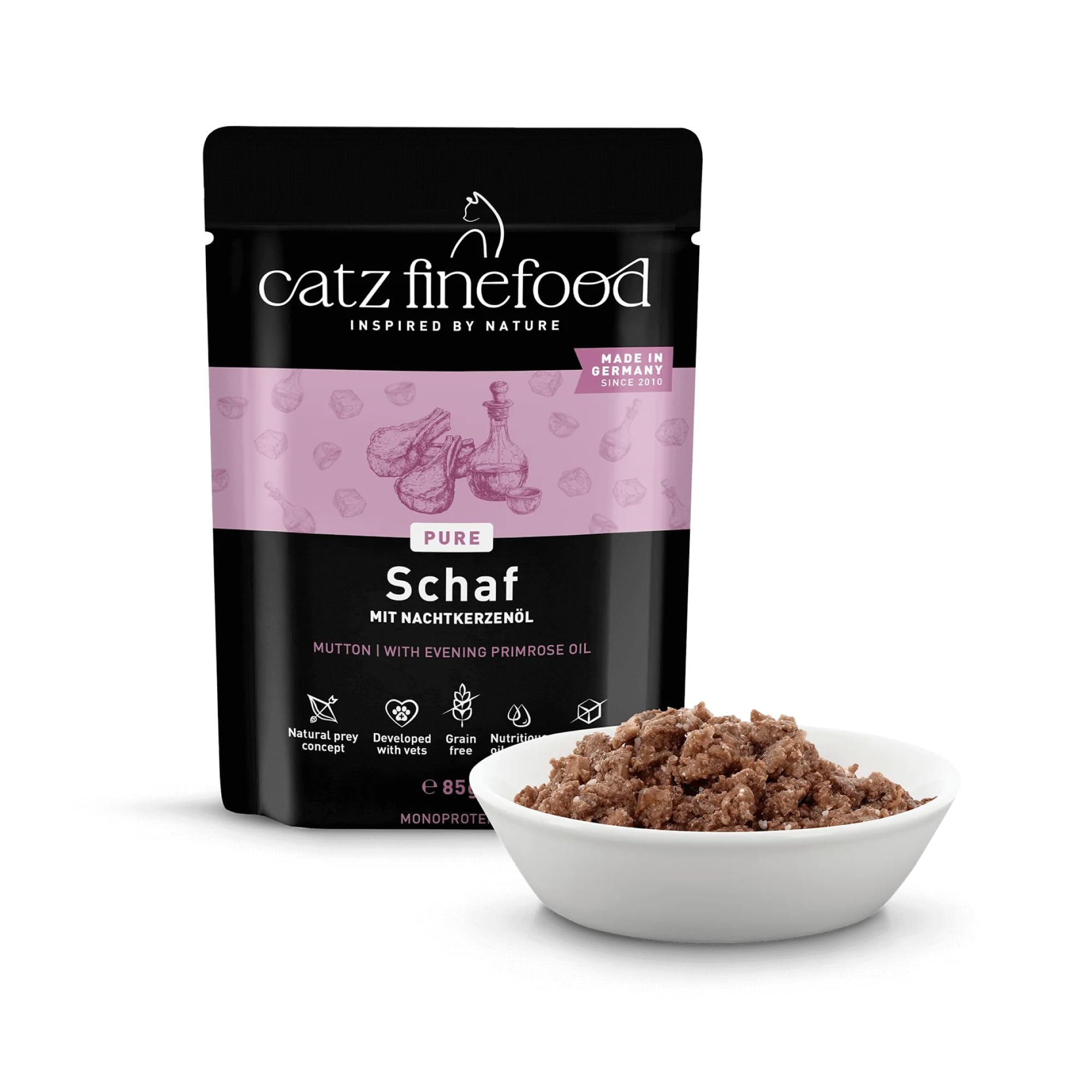 catz finefood Purrrr Schaf Monoprotein Katzenfutter nass N° 113, für ernährungssensible Katzen, 70% Fleischanteil, 16 x 85 g Beutel – Ansicht 2