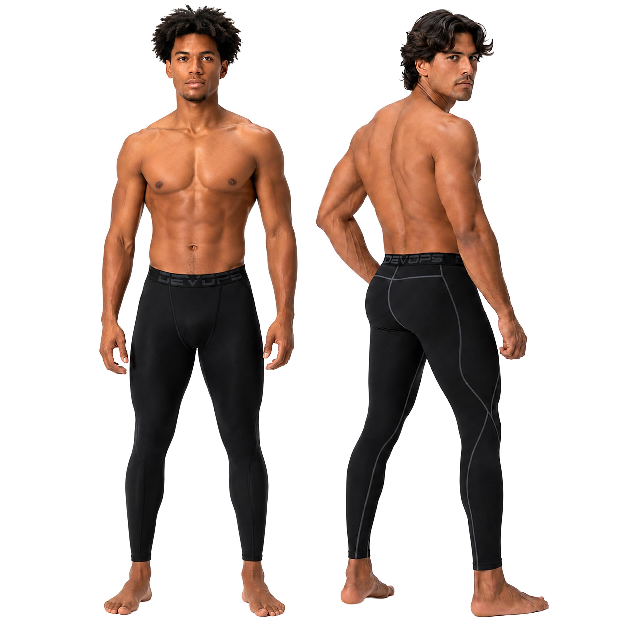 DEVOPS 2-3 Pack Men's Compression Pants Leggings Pocket or Non-Pocket | All-Weather Compression Fit, 4-Way Stretch Material, Advanced Moisture-Wicking Large 1# (Basic) - Black / Black(g)