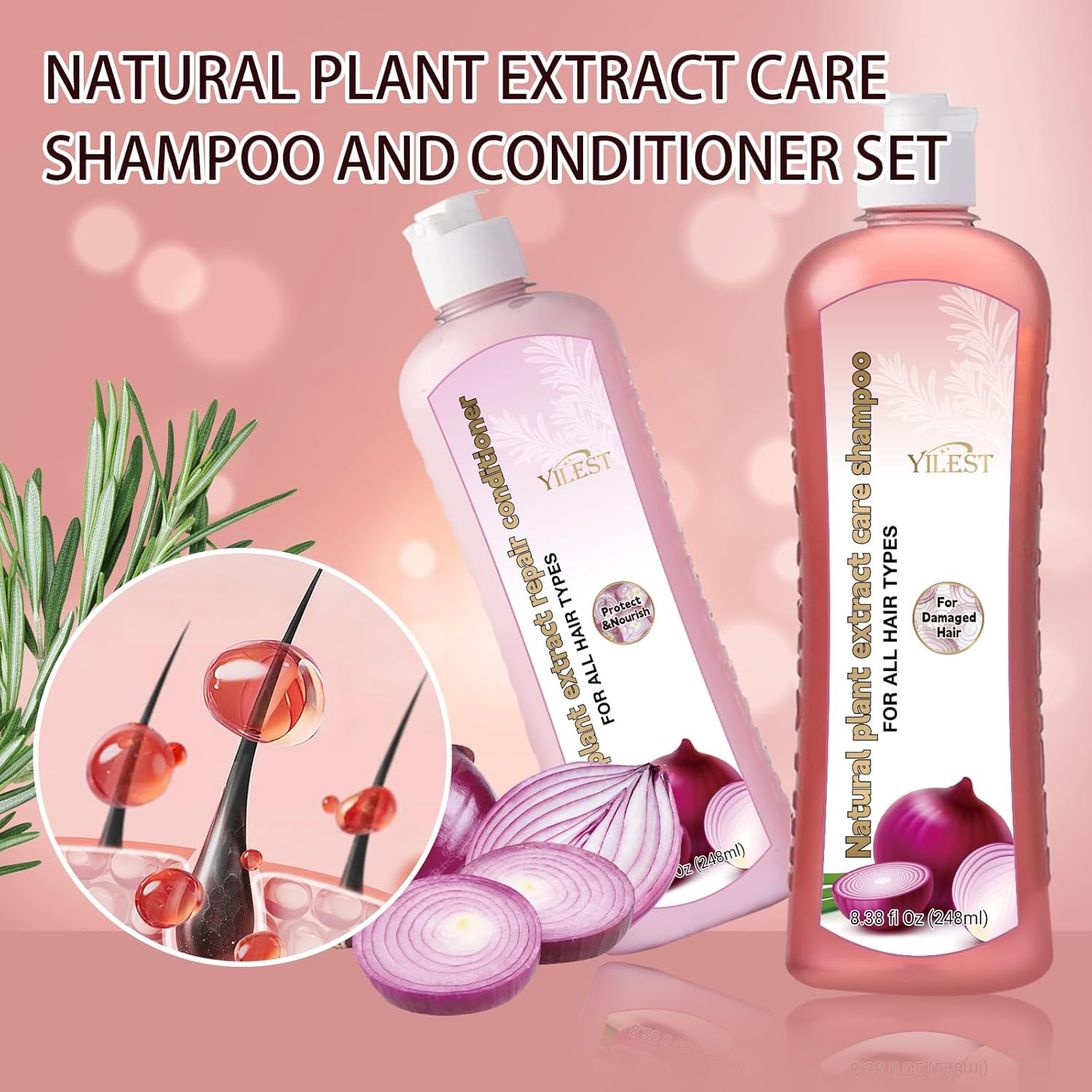 Onion Biotin and Rosemary Shampoo, Onion Rosemary Shampoo Set for Soft Hair & Shine for Hair Growth (Light Pink) - Image 5