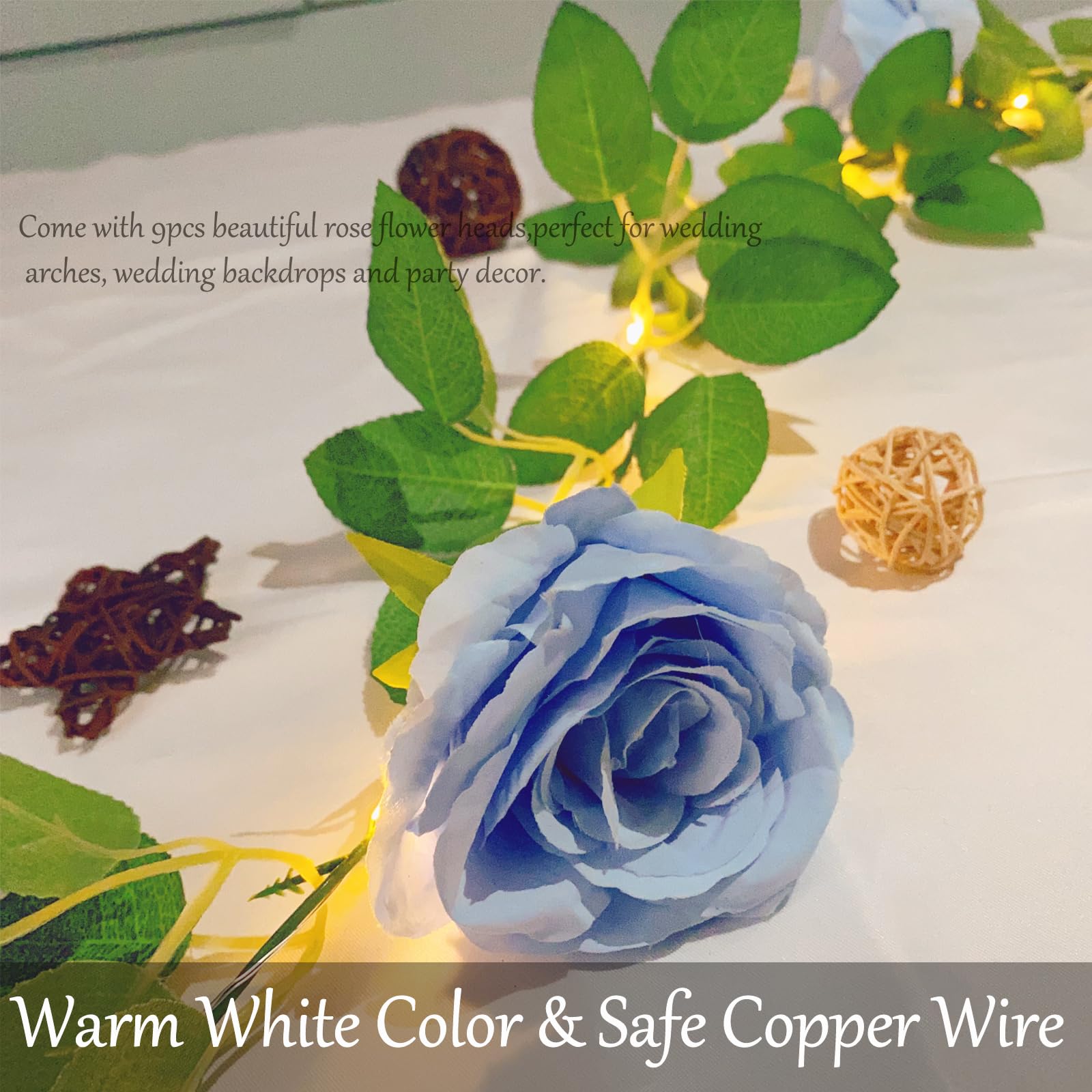 Fielegen 6.56 FT Halloween Artificial  Rose Vine Lights Fake Floral Garland Wall Decoration Faux Plants Rose Vine with 20 LED Fairy Lights Battery Operated String Lights for Garden Wedding Decor: Blue