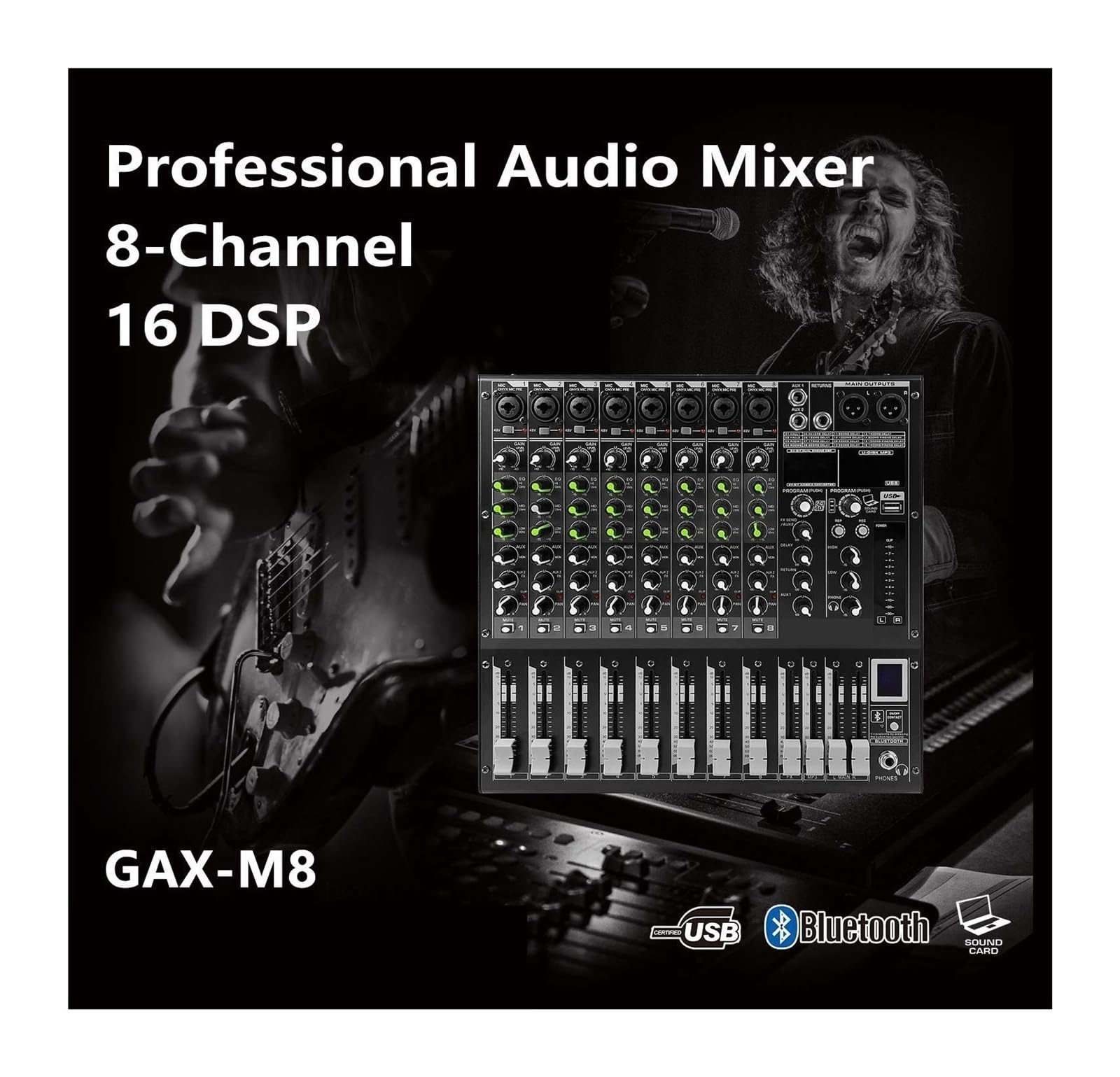 Mezclador de audio, Mezclador DJ de 8 canales con 16 efectos reverberación DSP BT 5.0 USB for grabación en PC Micrófonos Para karaoke en estudio