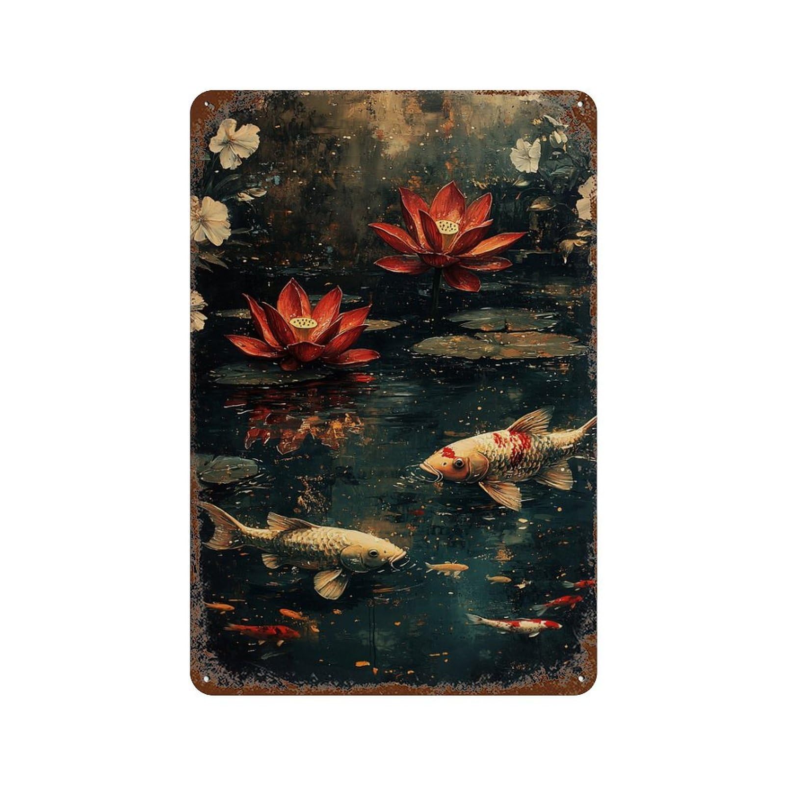 Lotus Pond with Koi Fish Decorative Tin Sign 11.8"x7.9", Vintage Wall Decor for Basement, Hobby Room And Garage Decor