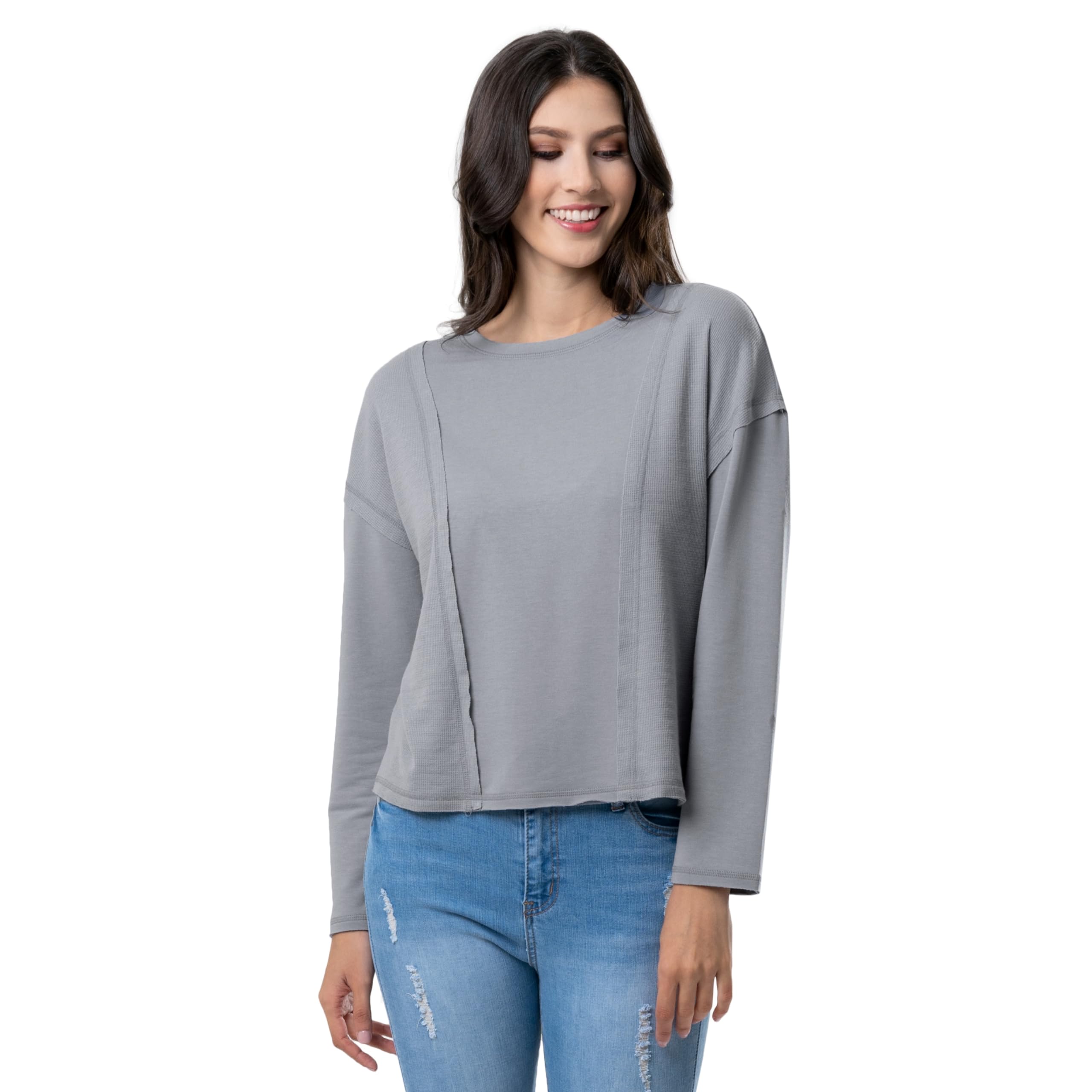 Lee Women's Crew Neck Cropped Waffle Knit Pullover Top